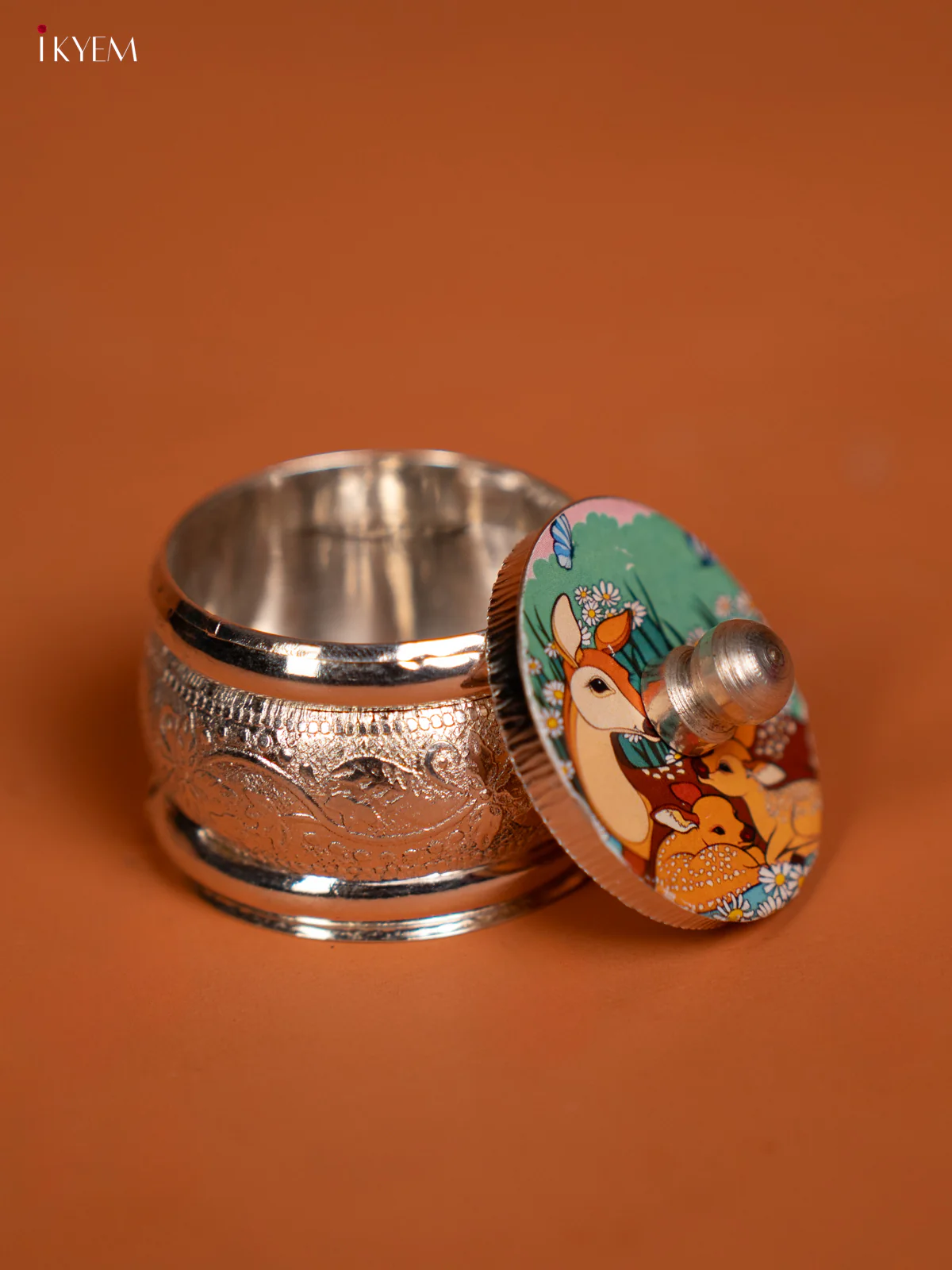 Deer Design Printed German Silver Kumkum Holder - KF10235 - Image 3