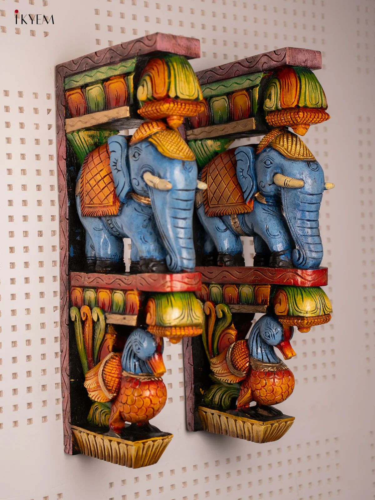 Hand Painted Wooden Wall Bracket OF Elephant & Peacock - KF03153