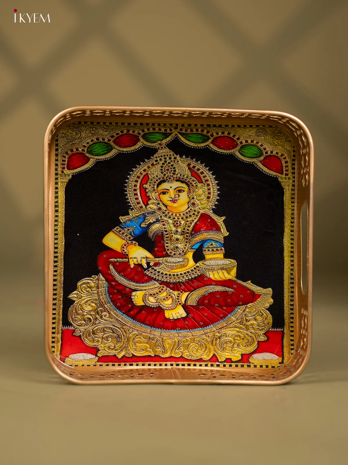 Goddess Annapoorani Printed Square Shaped Metal Tray - 8 Inch - KF24212