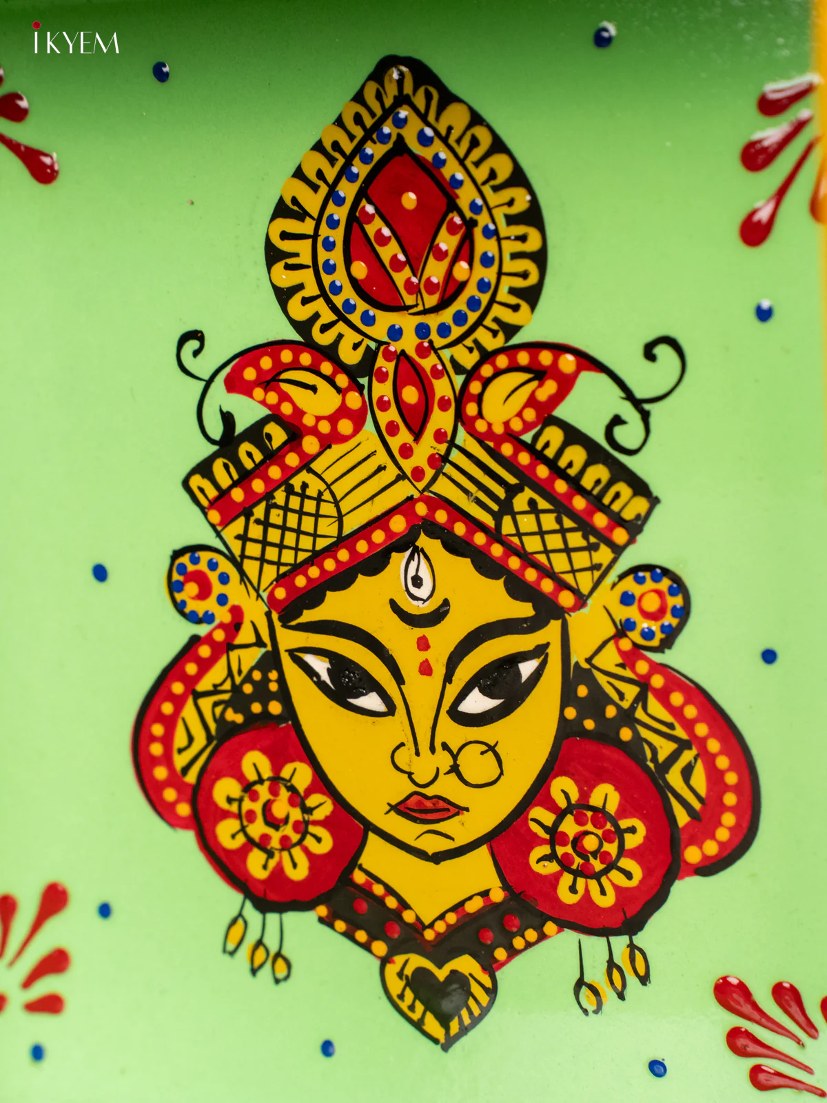 Goddess Durga Maa Hand Painted Square Wooden Tray - Green - (6x6) Inch - KG28134 - Image 3