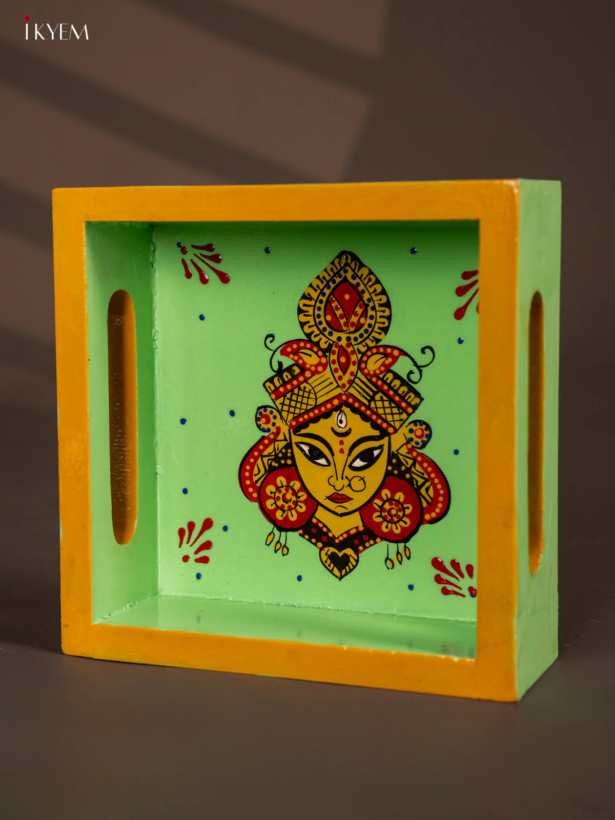 Goddess Durga Maa Hand Painted Square Wooden Tray - Green - (6x6) Inch - KG28134 - Image 4