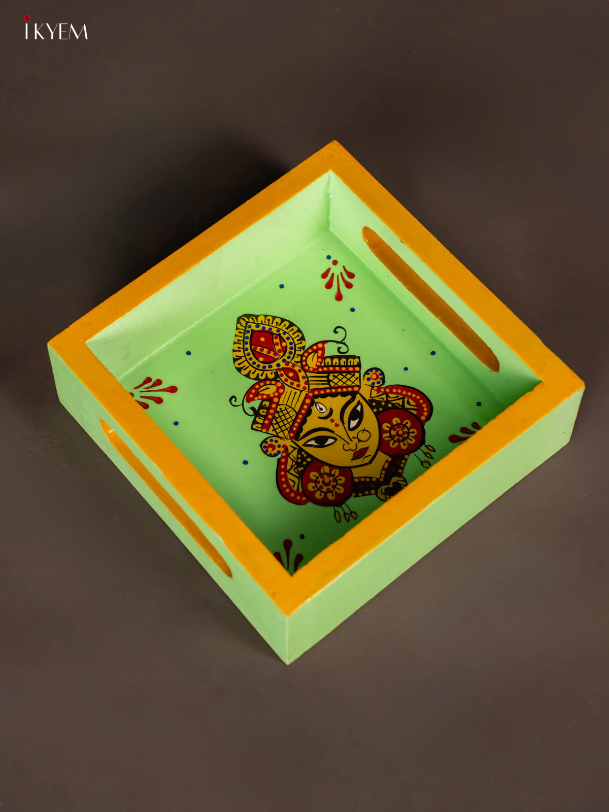 Goddess Durga Maa Hand Painted Square Wooden Tray - Green - (6x6) Inch - KG28134 - Image 5
