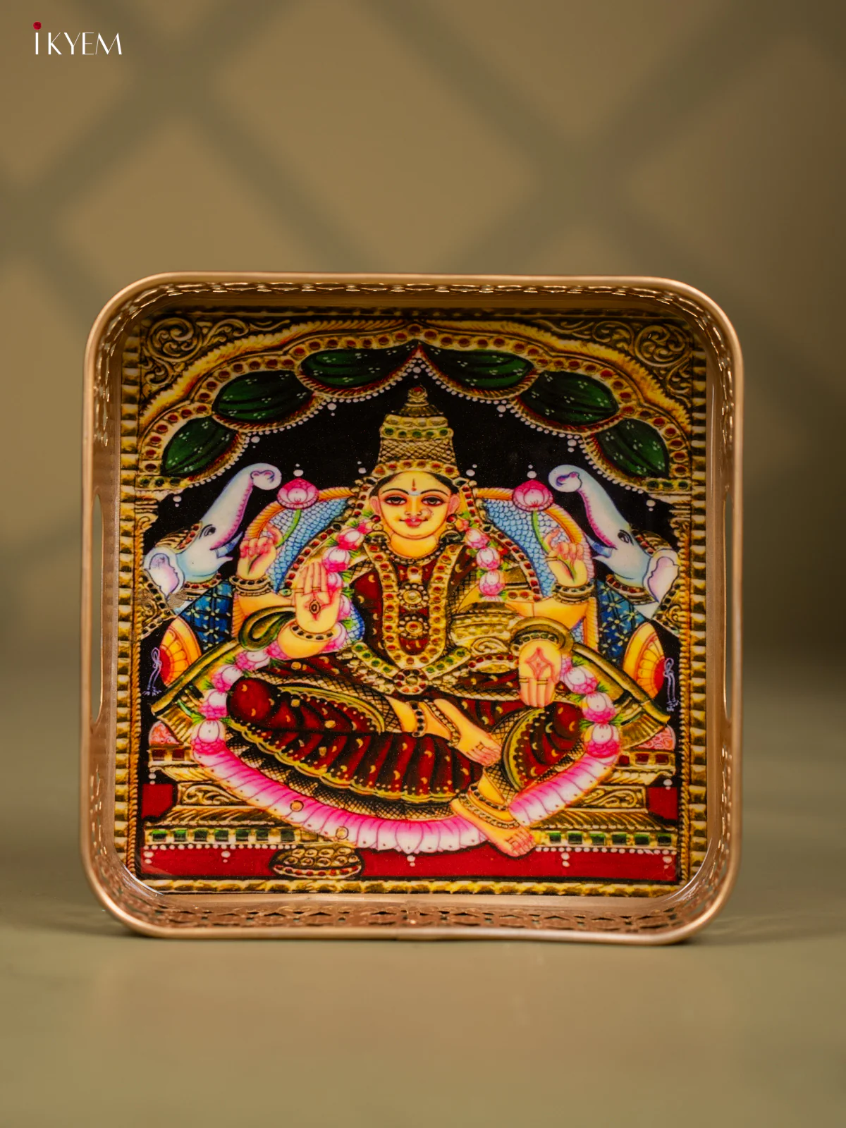 Goddess Gajalakshmi Printed Square Metal Tray with Twin Elephants - KF24200