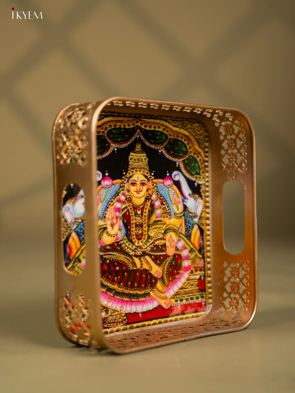 Goddess Gajalakshmi Printed Square Metal Tray with Twin Elephants - KF24200 - Image 2