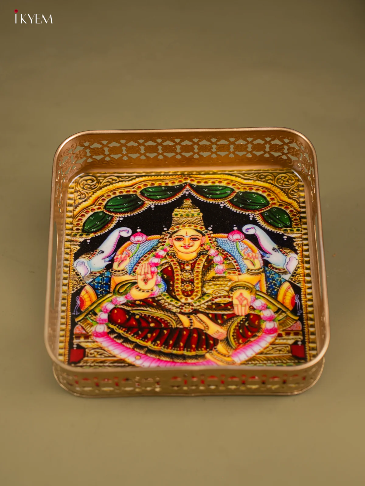 Goddess Gajalakshmi Printed Square Metal Tray with Twin Elephants - KF24200 - Image 4