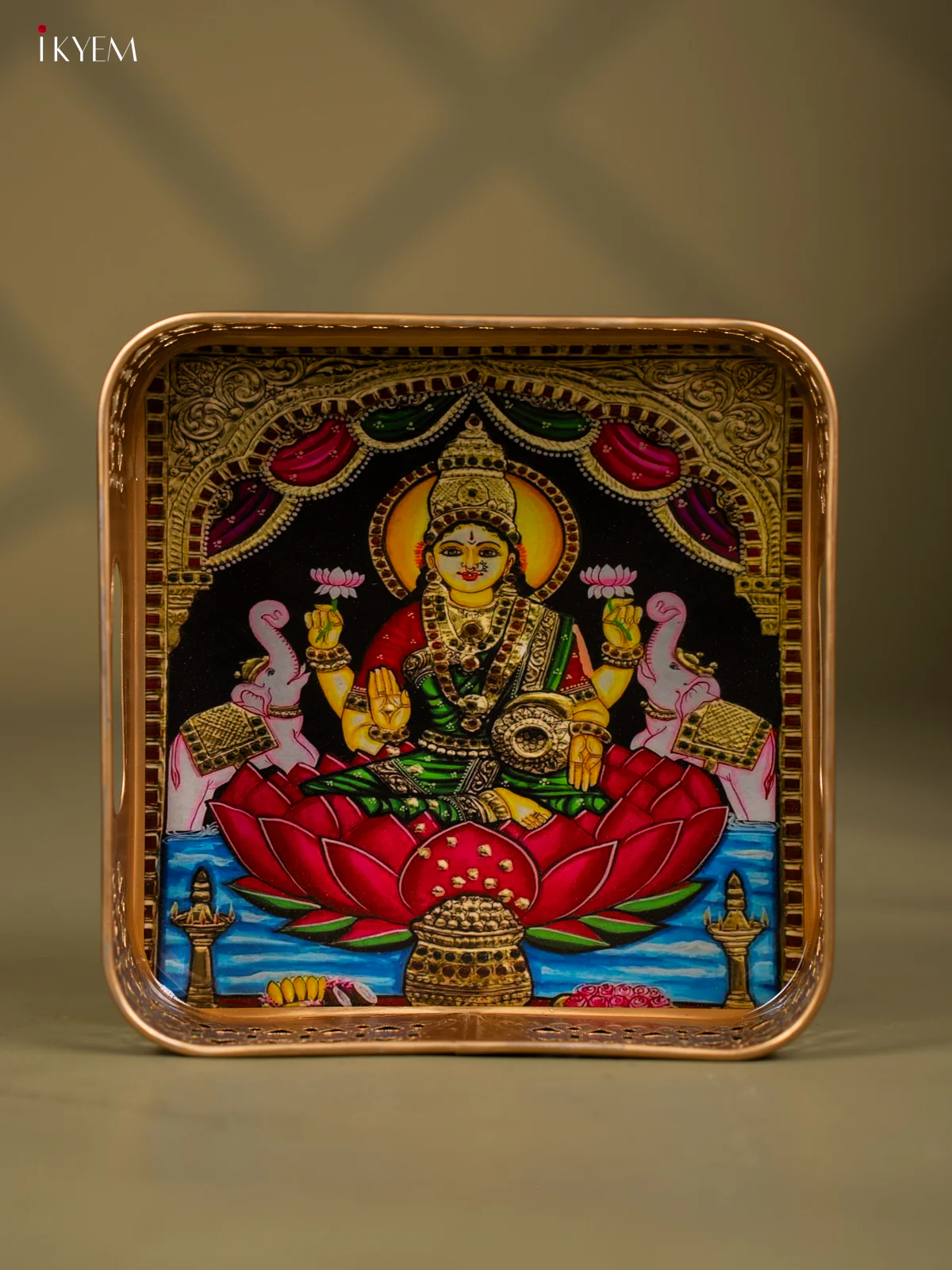Goddess Gajalakshmi Printed Square Metal Tray with Twin Elephants - KF24201