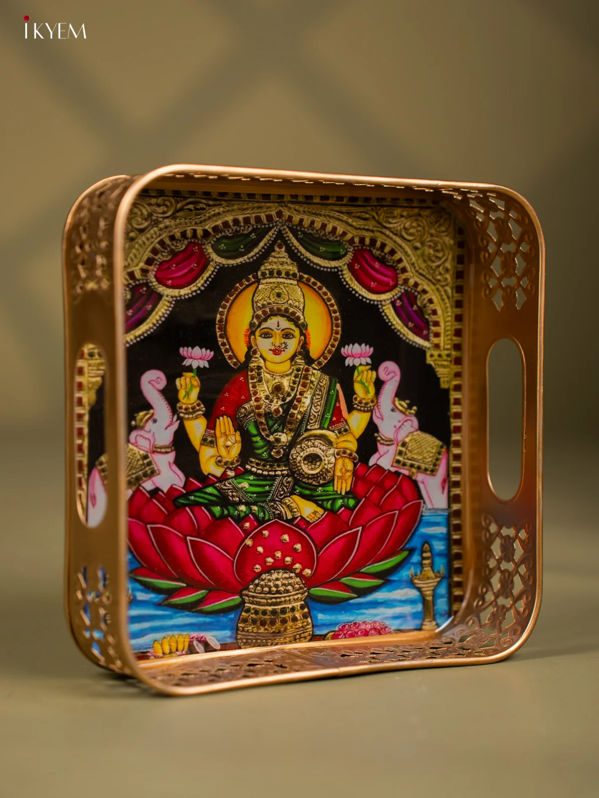 Goddess Gajalakshmi Printed Square Metal Tray with Twin Elephants - KF24201 - Image 2