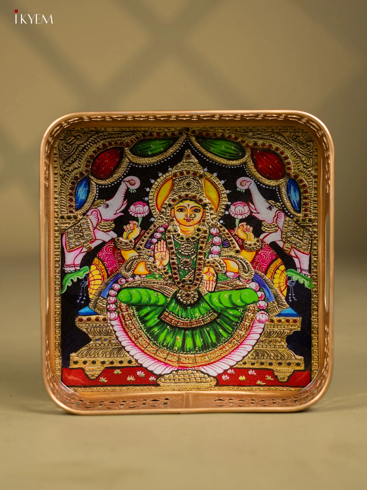 Goddess Gajalakshmi Printed Square Metal Tray with Twin Elephants - KF24202