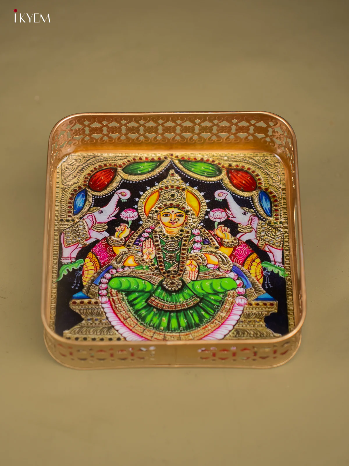 Goddess Gajalakshmi Printed Square Metal Tray with Twin Elephants - KF24202 - Image 4