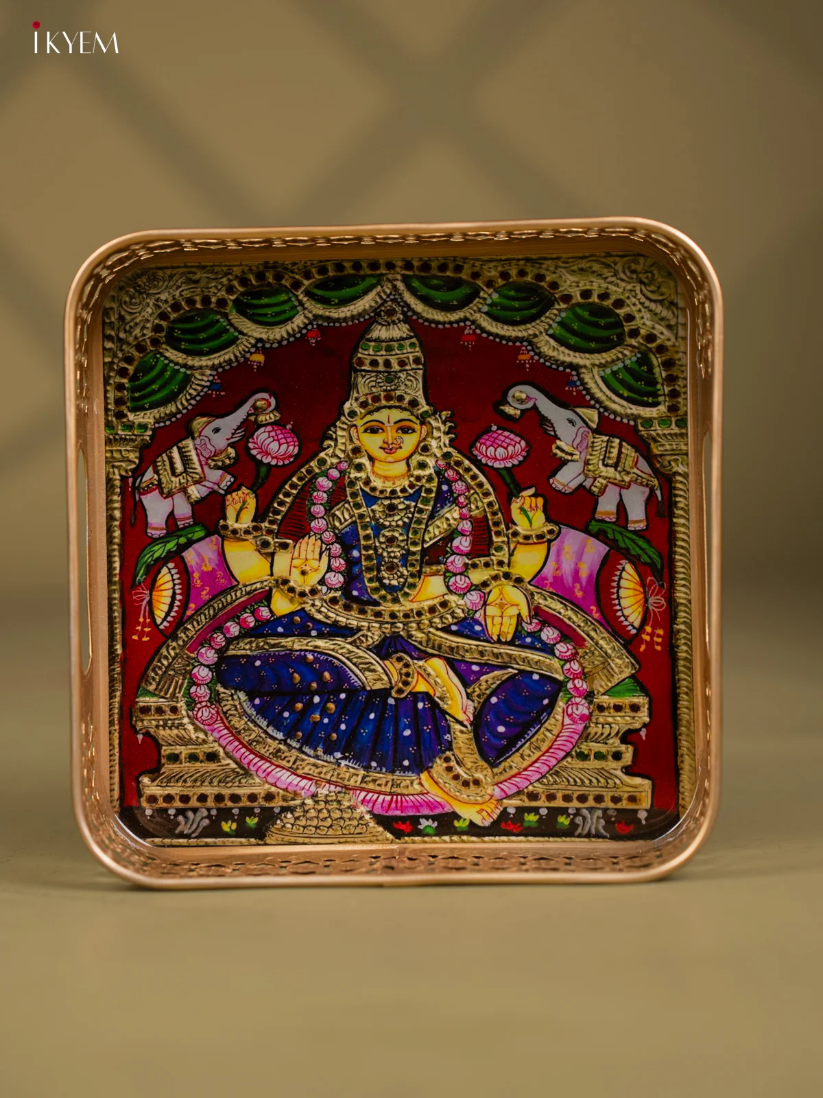 Goddess Gajalakshmi Printed Square Metal Tray with Twin Elephants - KF24203 - Image 2