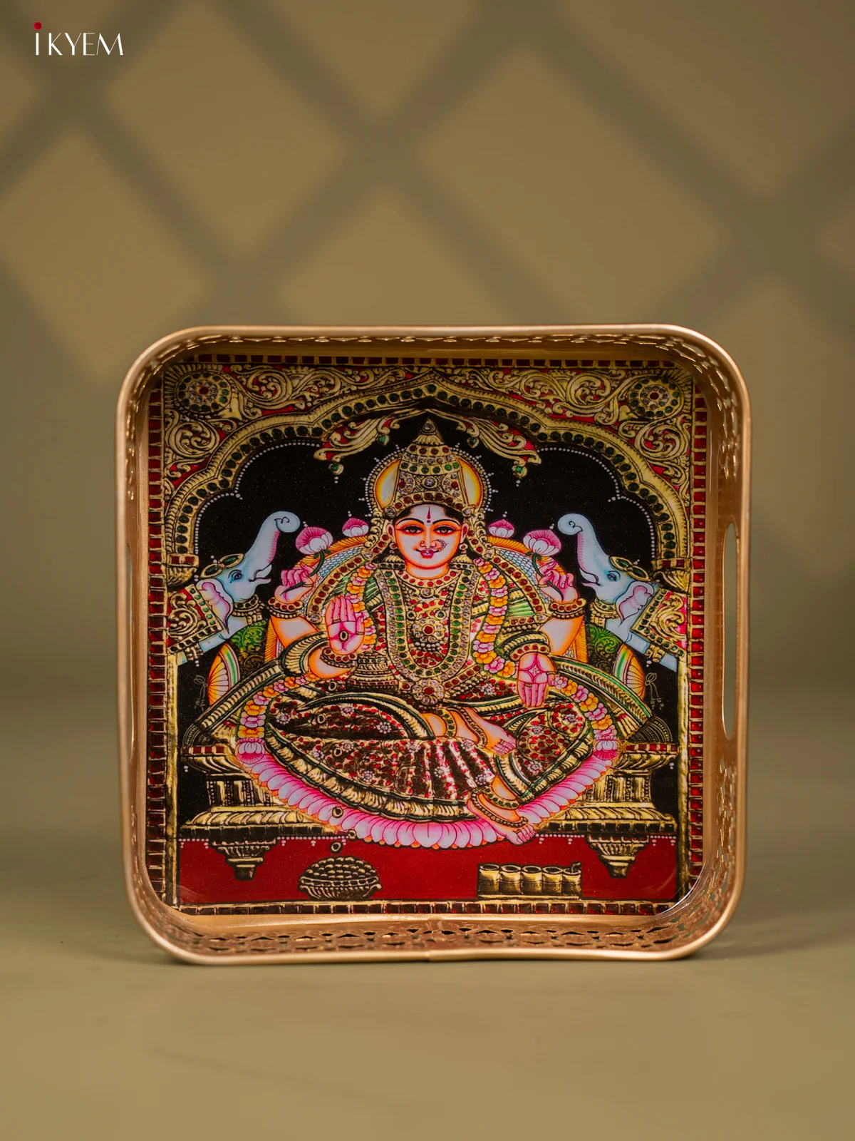 Goddess Gajalakshmi Printed Square Metal Tray with Twin Elephants - KF24204