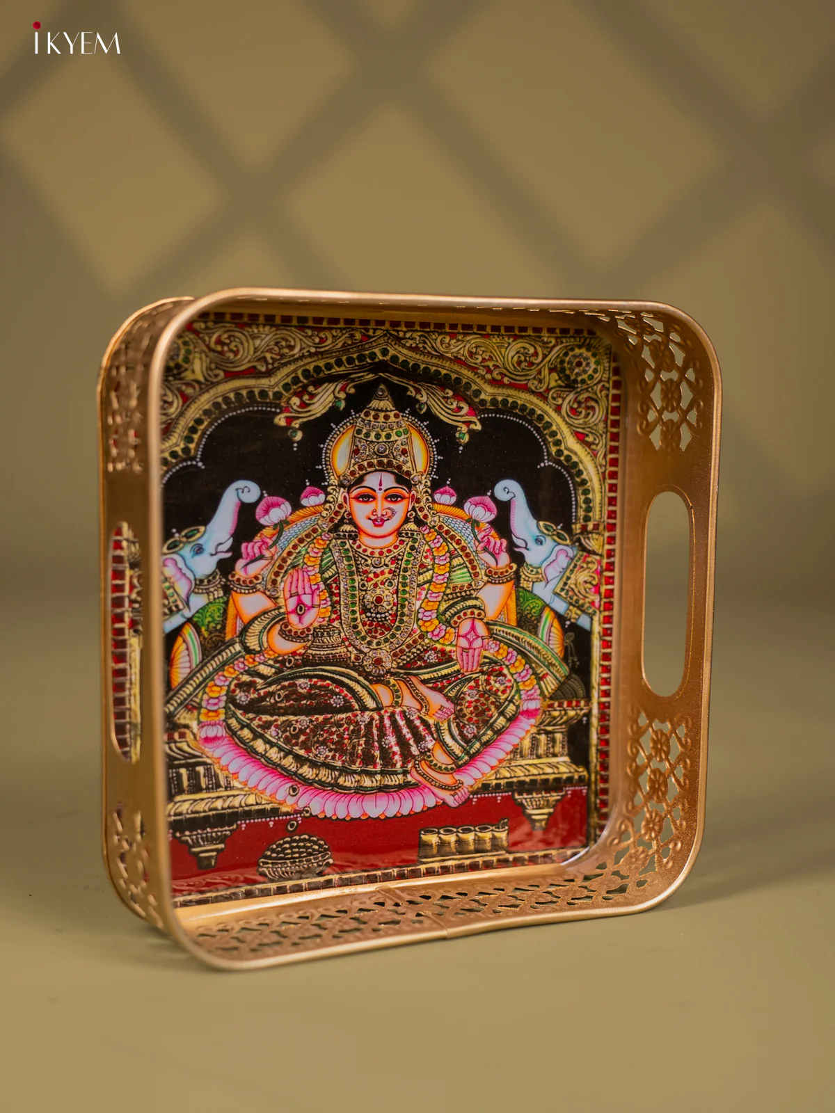 Goddess Gajalakshmi Printed Square Metal Tray with Twin Elephants - KF24204 - Image 2