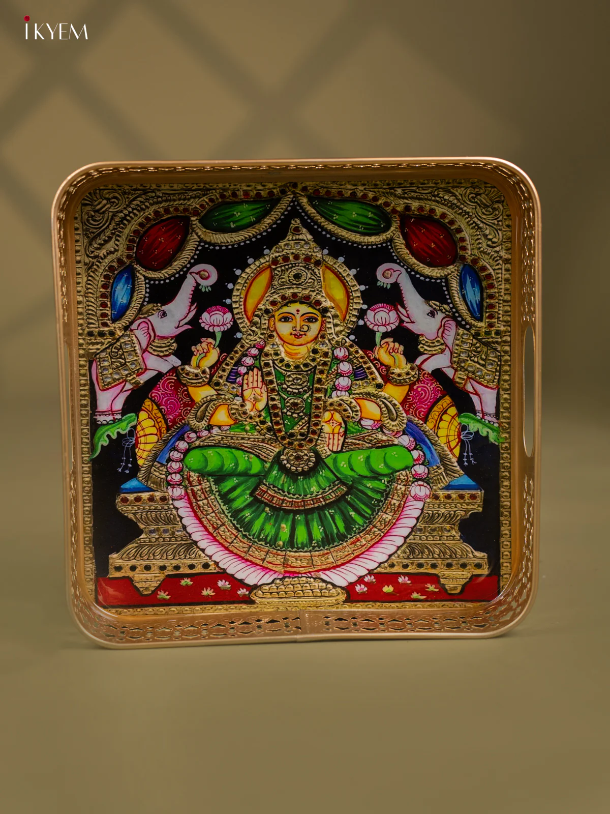 Goddess Gajalakshmi Printed Square Metal Tray with Twin Elephants - KF25142