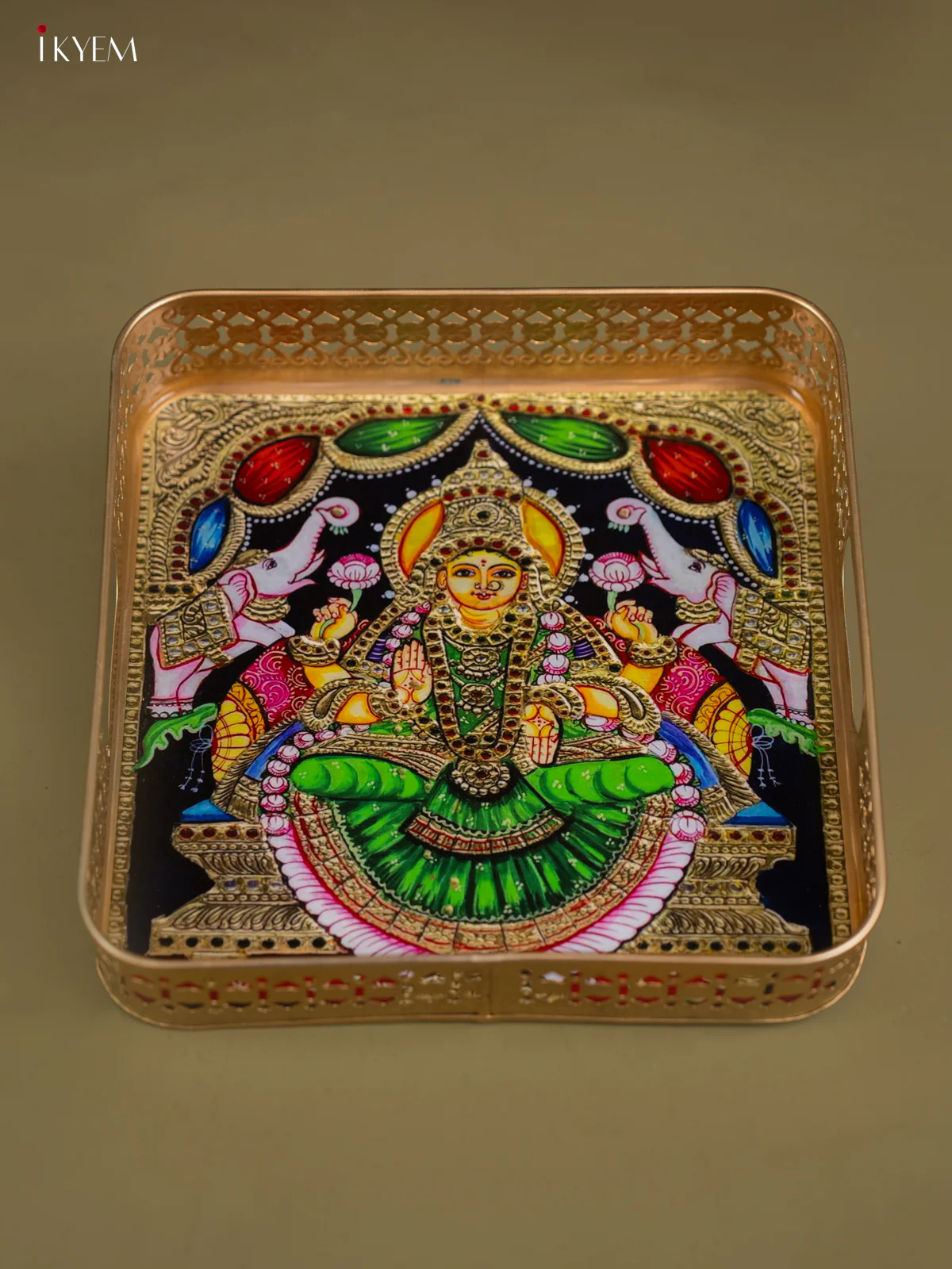 Goddess Gajalakshmi Printed Square Metal Tray with Twin Elephants - KF25142 - Image 4