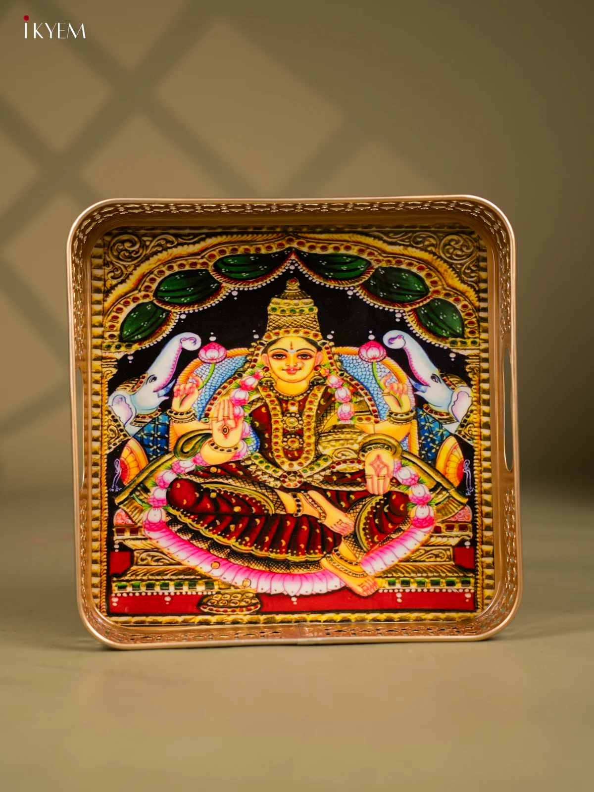 Goddess Gajalakshmi Printed Square Metal Tray with Twin Elephants - KF25143