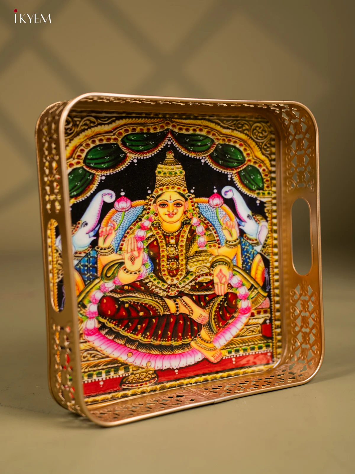 Goddess Gajalakshmi Printed Square Metal Tray with Twin Elephants - KF25143 - Image 2