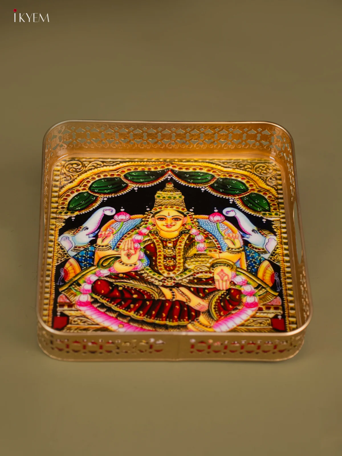 Goddess Gajalakshmi Printed Square Metal Tray with Twin Elephants - KF25143 - Image 4