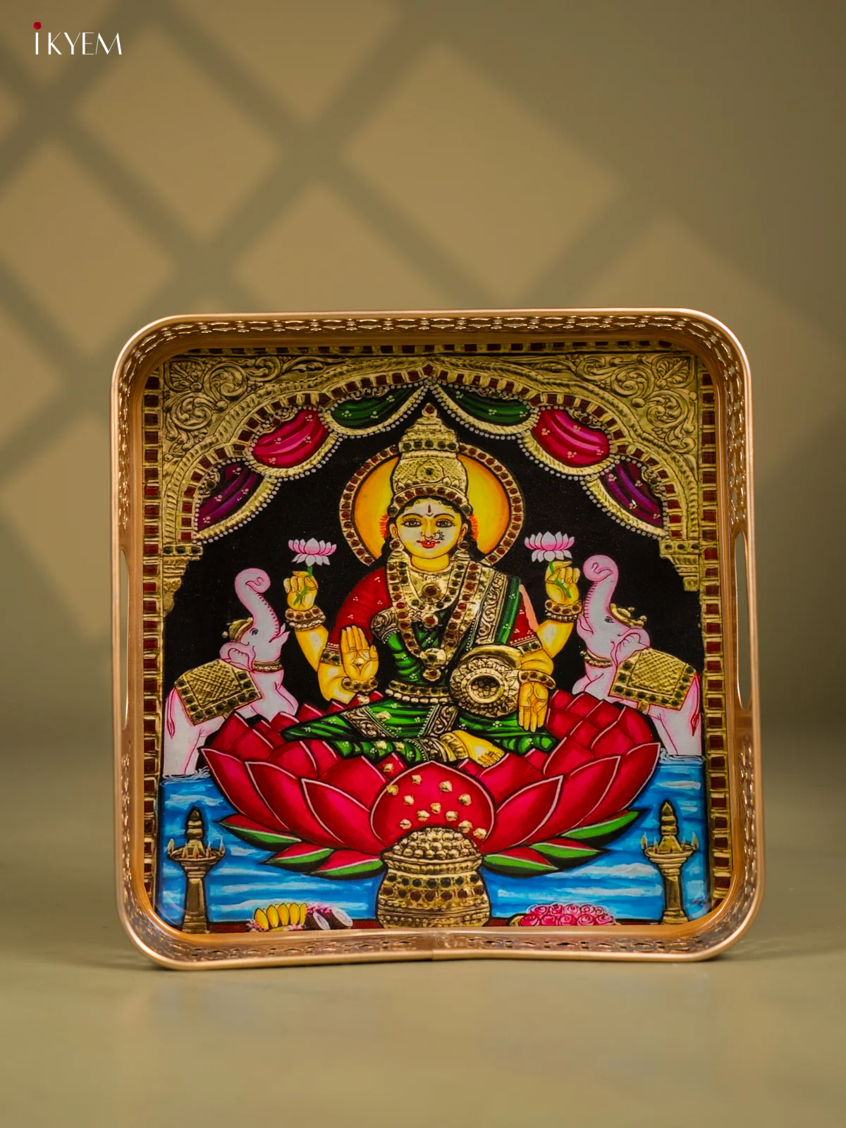 Godess Gajalakshmi Printed Square Metal Tray with Twin Elephants - KF25144