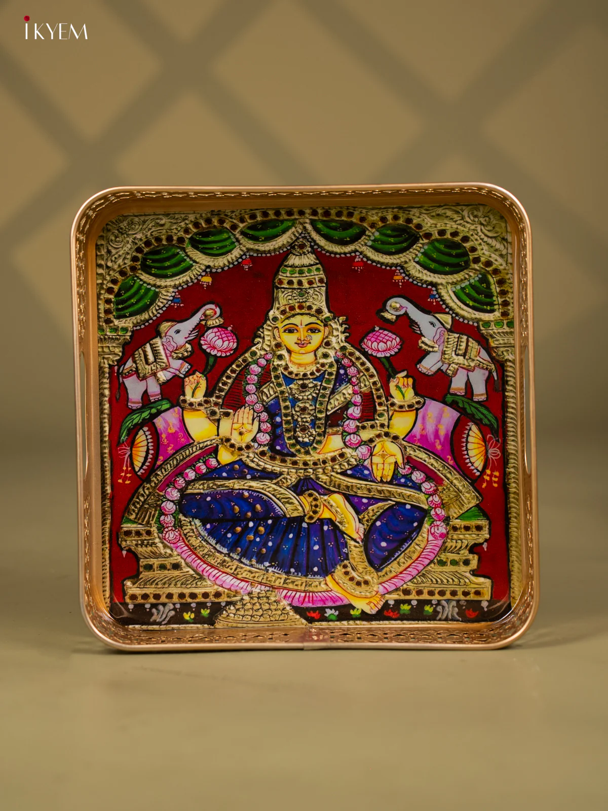 Goddess Gajalakshmi Printed Square Metal Tray with Twin Elephants - KF25145