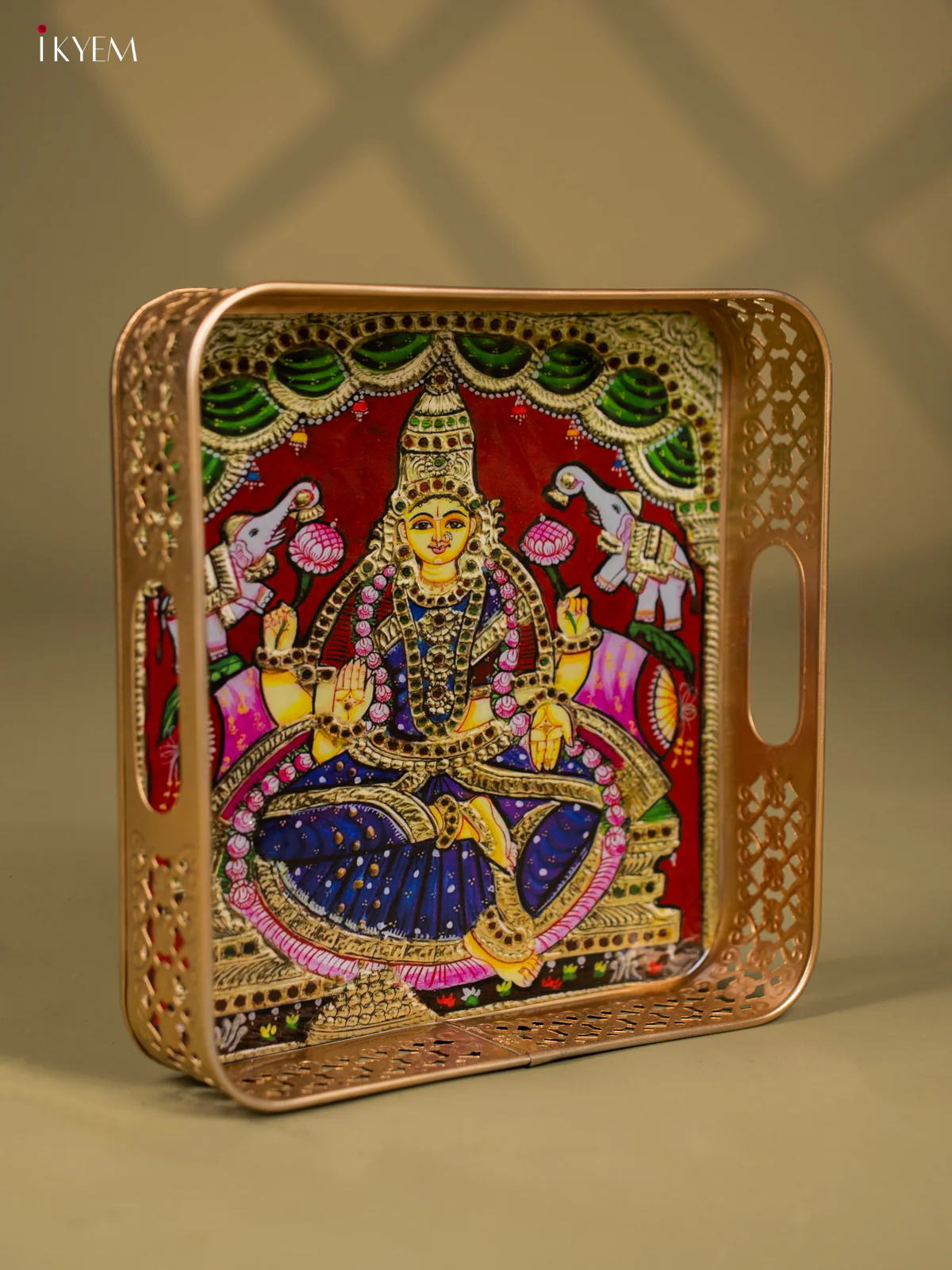 Goddess Gajalakshmi Printed Square Metal Tray with Twin Elephants - KF25145 - Image 2