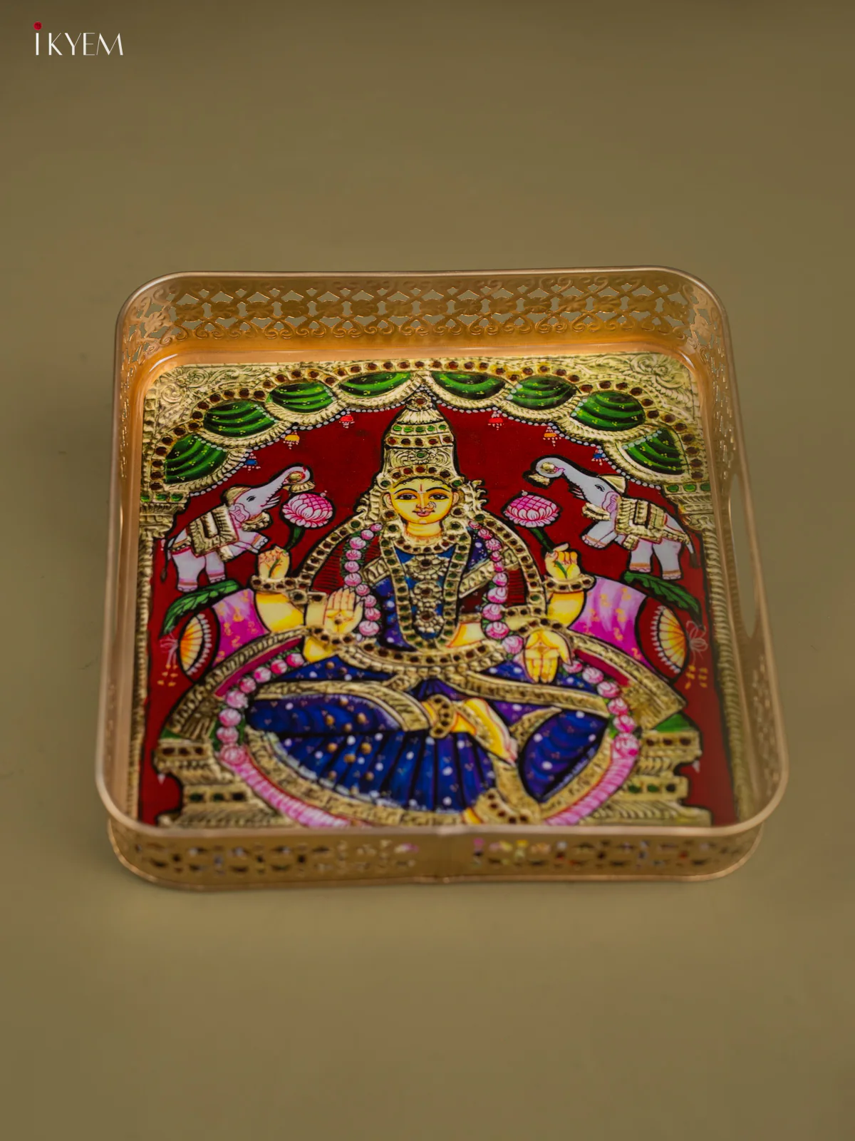 Goddess Gajalakshmi Printed Square Metal Tray with Twin Elephants - KF25145 - Image 4