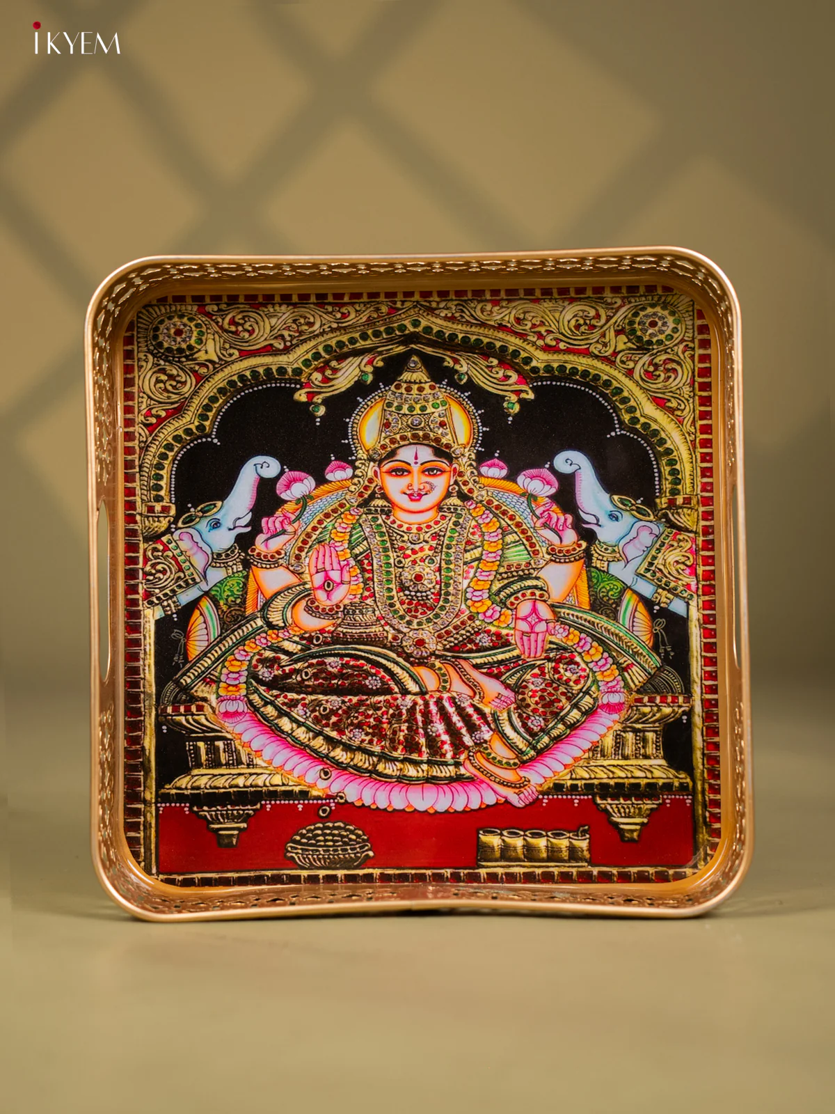 Goddess Gajalakshmi Printed Square Metal Tray with Twin Elephants - KF25146