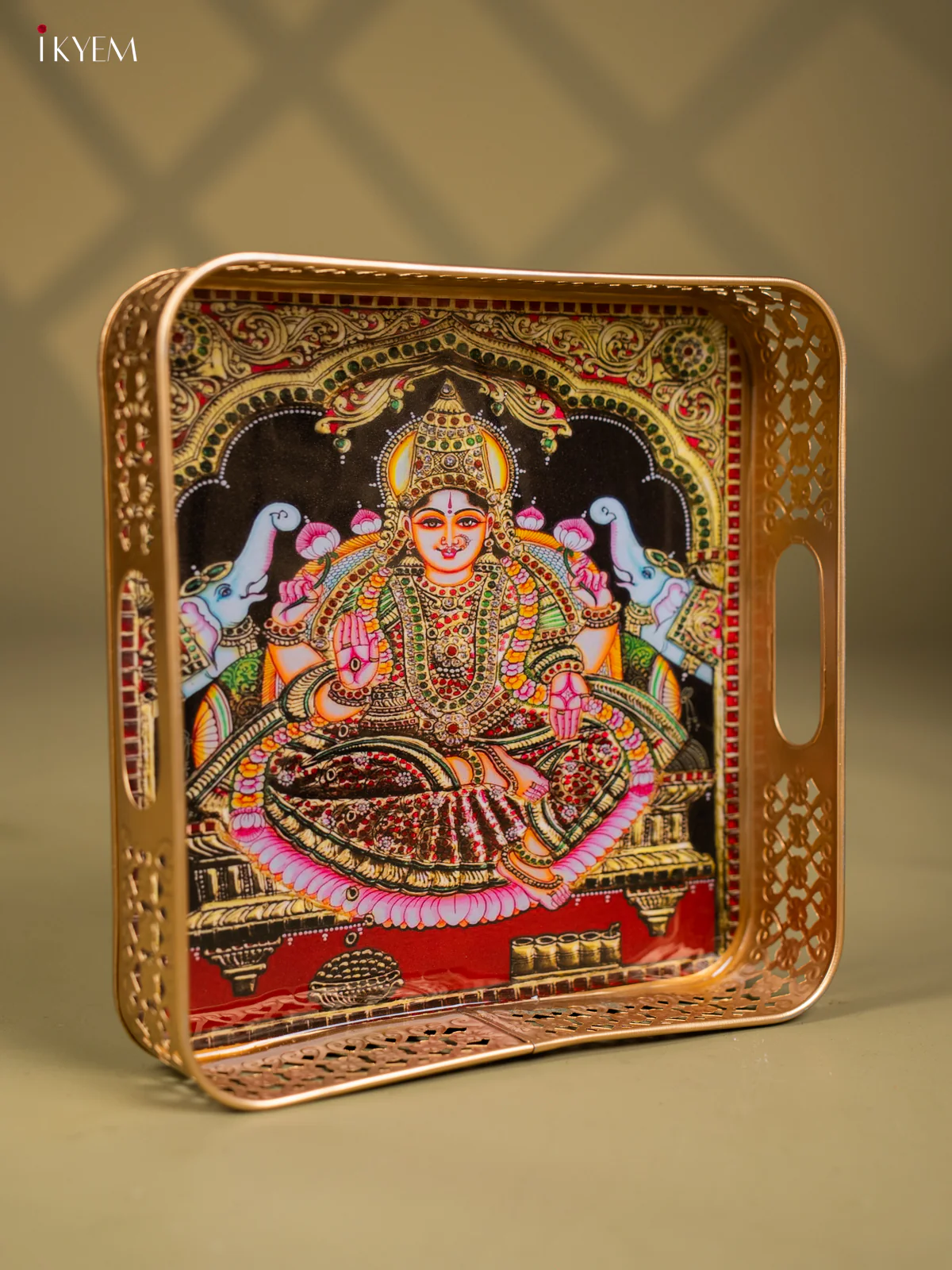 Goddess Gajalakshmi Printed Square Metal Tray with Twin Elephants - KF25146 - Image 2