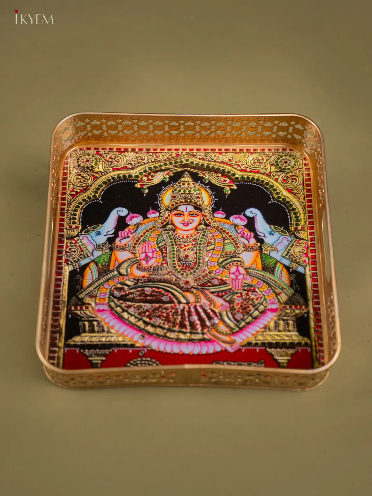 Goddess Gajalakshmi Printed Square Metal Tray with Twin Elephants - KF25146 - Image 4