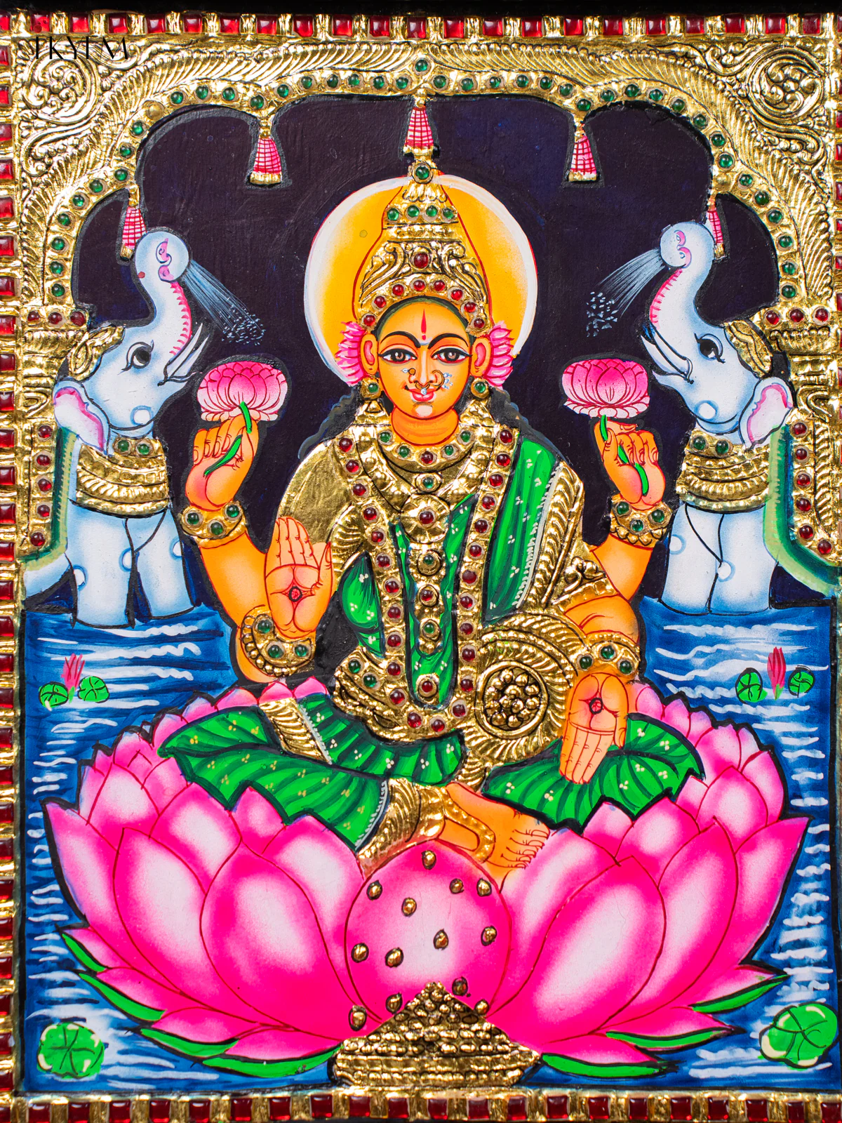 Exquisite Goddess Gajalakshmi Thanjavur painting (18*15 Inch) - KJ03213 - Image 3