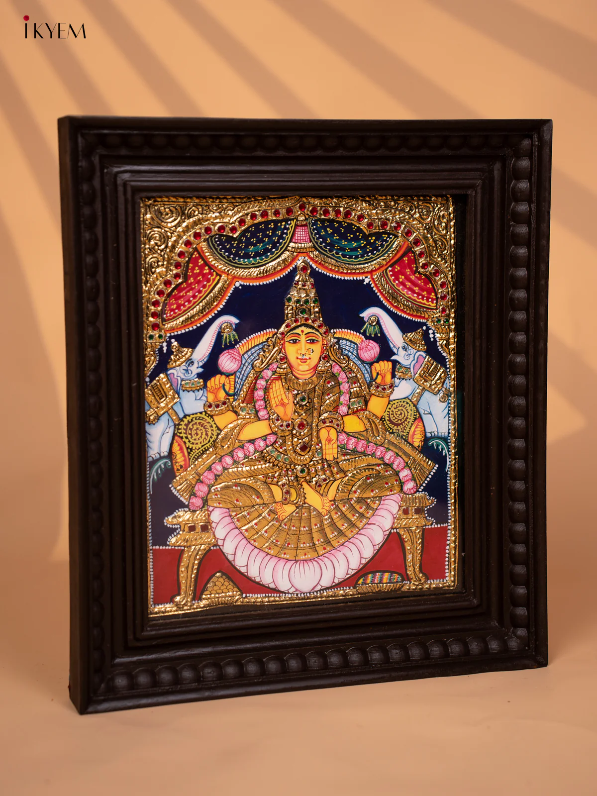 Classic Tanjore painting of Goddess GajaLakshmi With Teakwood Frame - KD17137 - Image 2