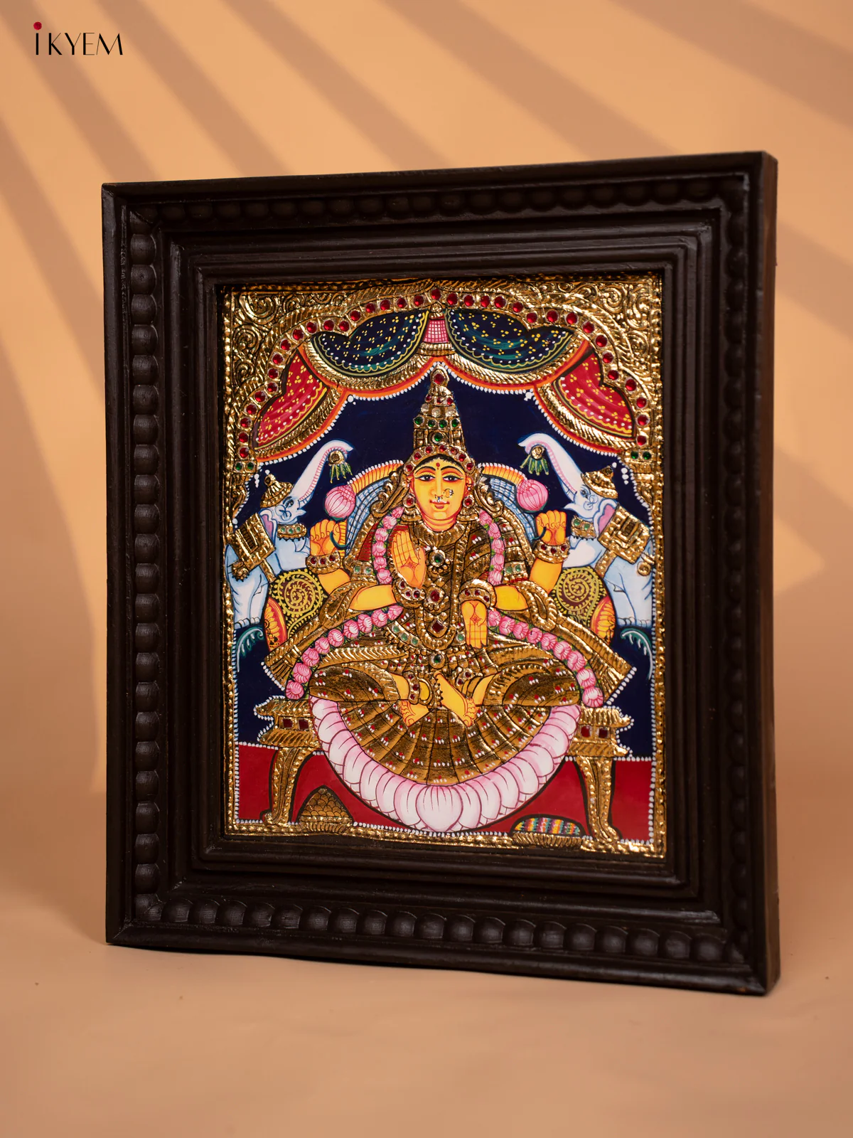 Classic Tanjore painting of Goddess GajaLakshmi With Teakwood Frame - KD17137 - Image 3