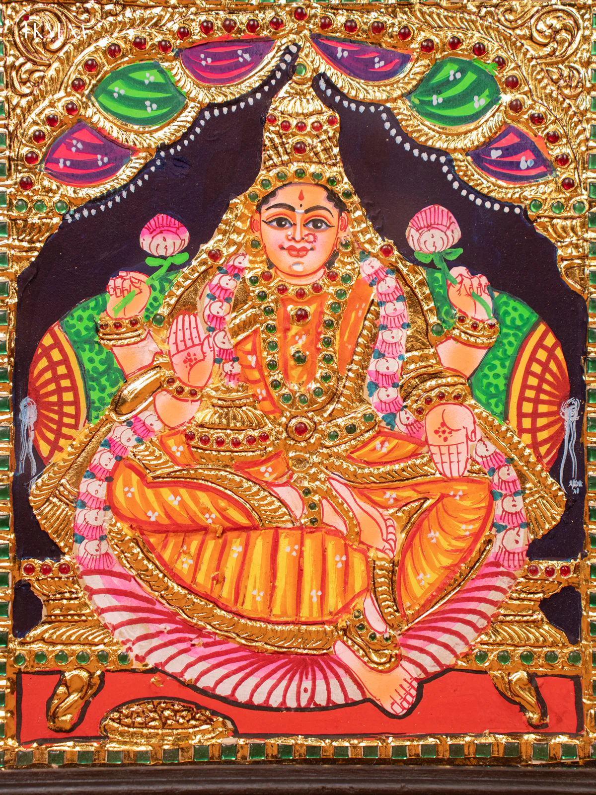 Divine Tanjore painting of Goddess GajaLakshmi With Teakwood Frame - KE27186 - Image 2