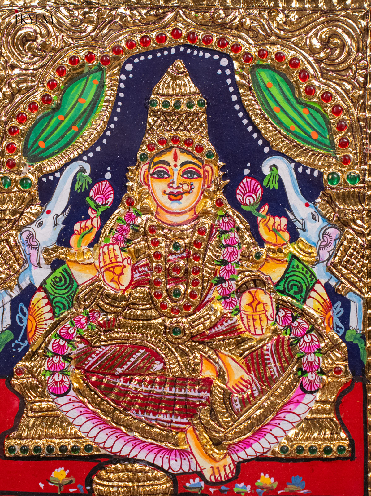 Powerful Goddess GajaLakshmi Thanjavur painting (13x11 Inch) - KH26152 - Image 3