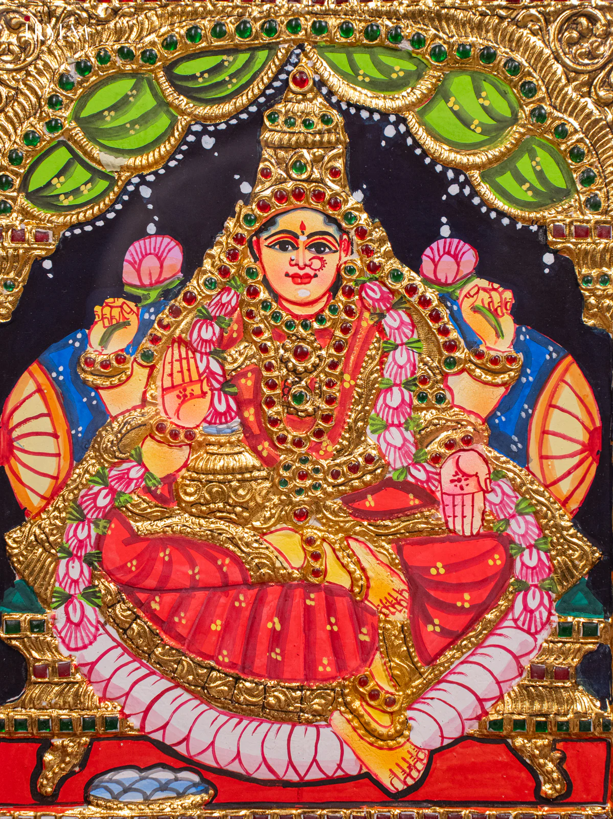 Vibrant Goddess Lakshmi Thanjavur painting (13x15 Inch) - KH26175 - Image 3