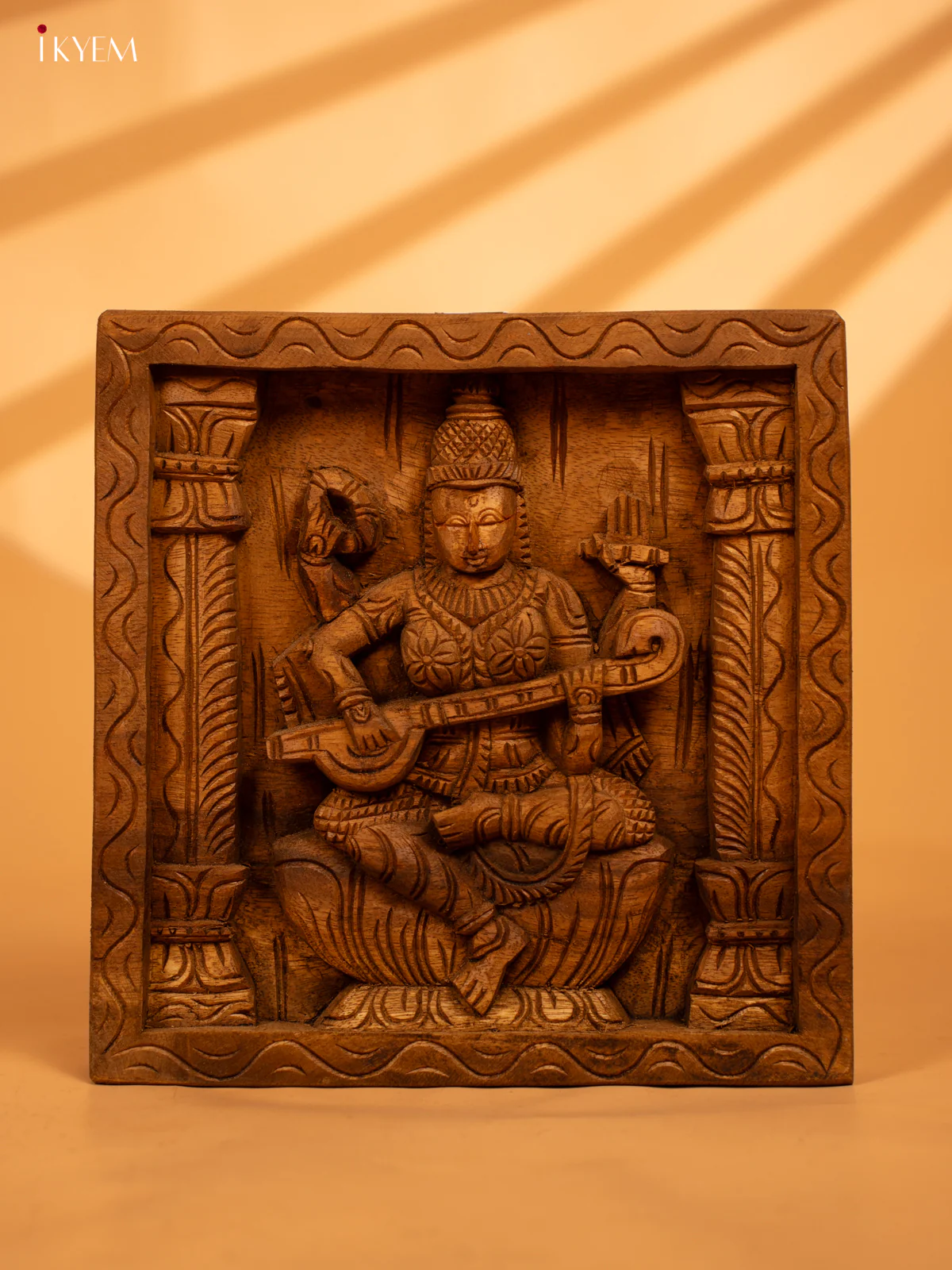 Exquisite Goddess Saraswati Wall Panel in Hand-Carved Wooden Frame - KL05118
