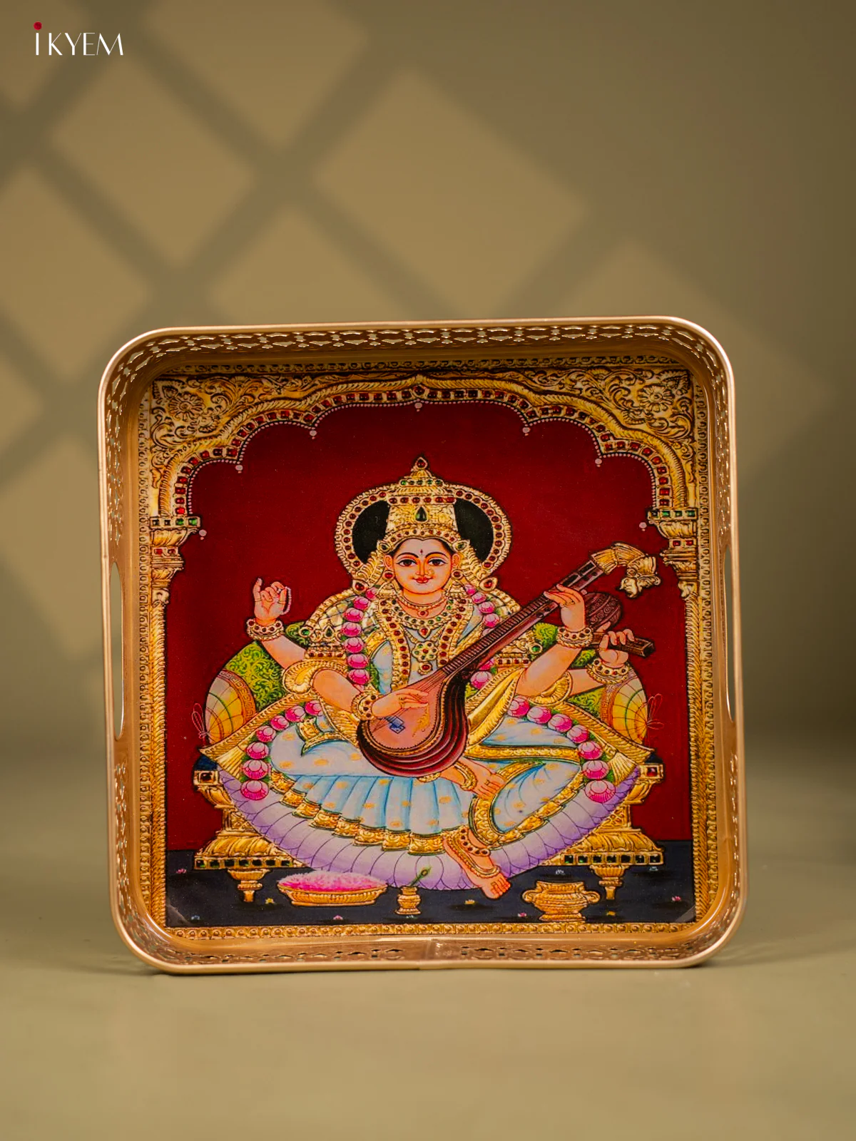 Goddess Saraswathi Printed Square Metal Tray - KF25161