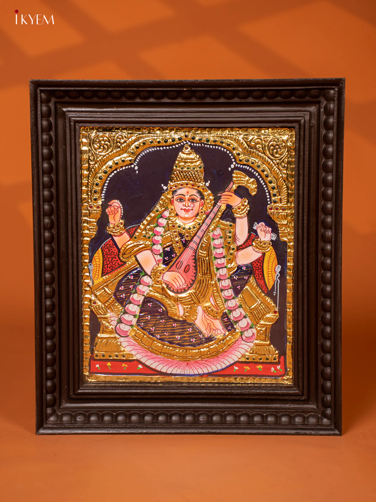 Tanjore Painting of Goddess Saraswathi in Teakwood Frame - KE27193