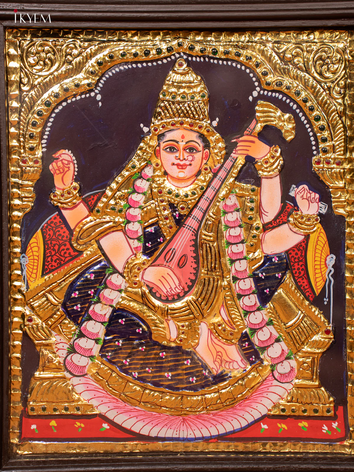 Tanjore Painting of Goddess Saraswathi in Teakwood Frame - KE27193 - Image 2