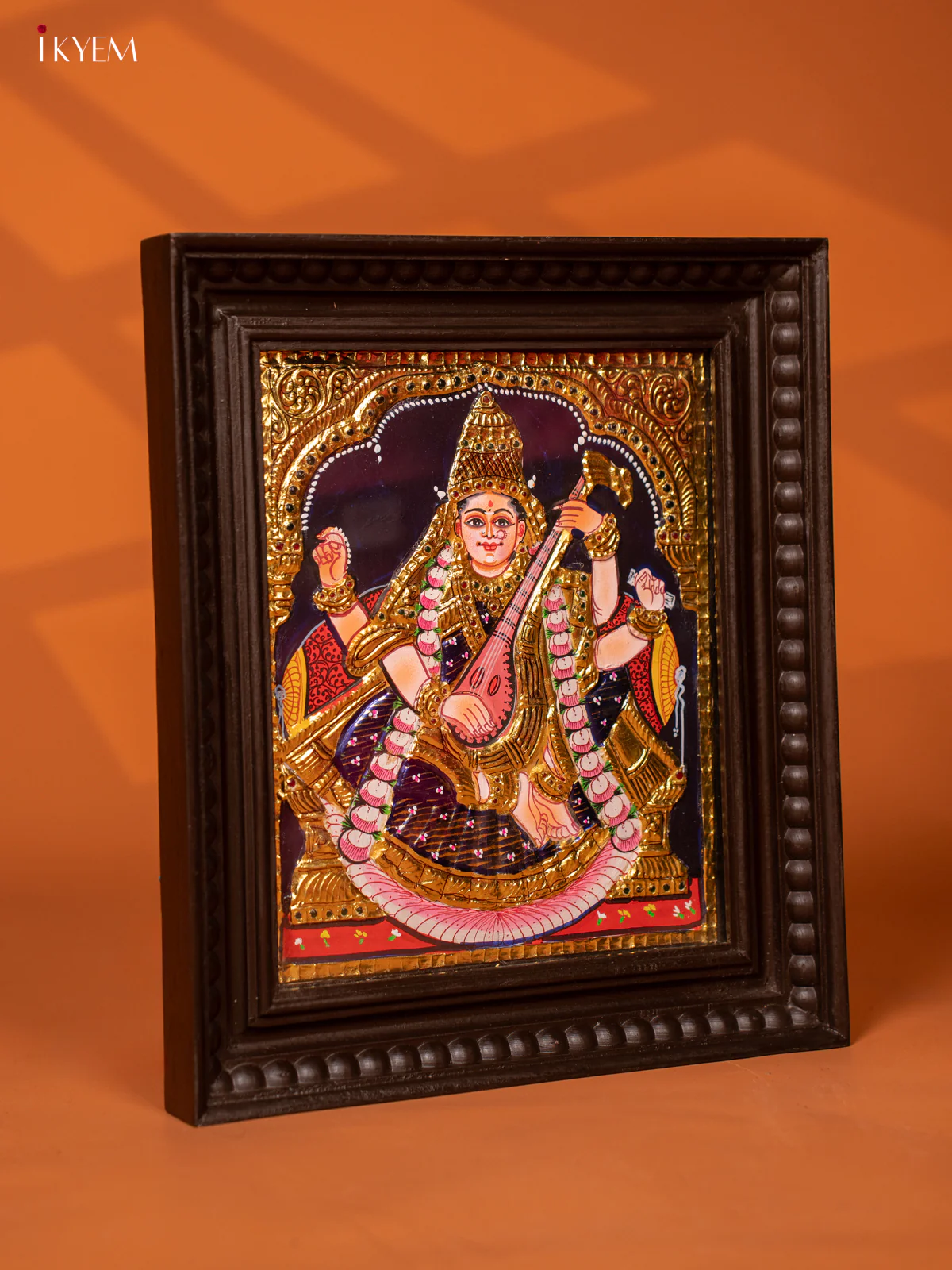 Tanjore Painting of Goddess Saraswathi in Teakwood Frame - KE27193 - Image 3