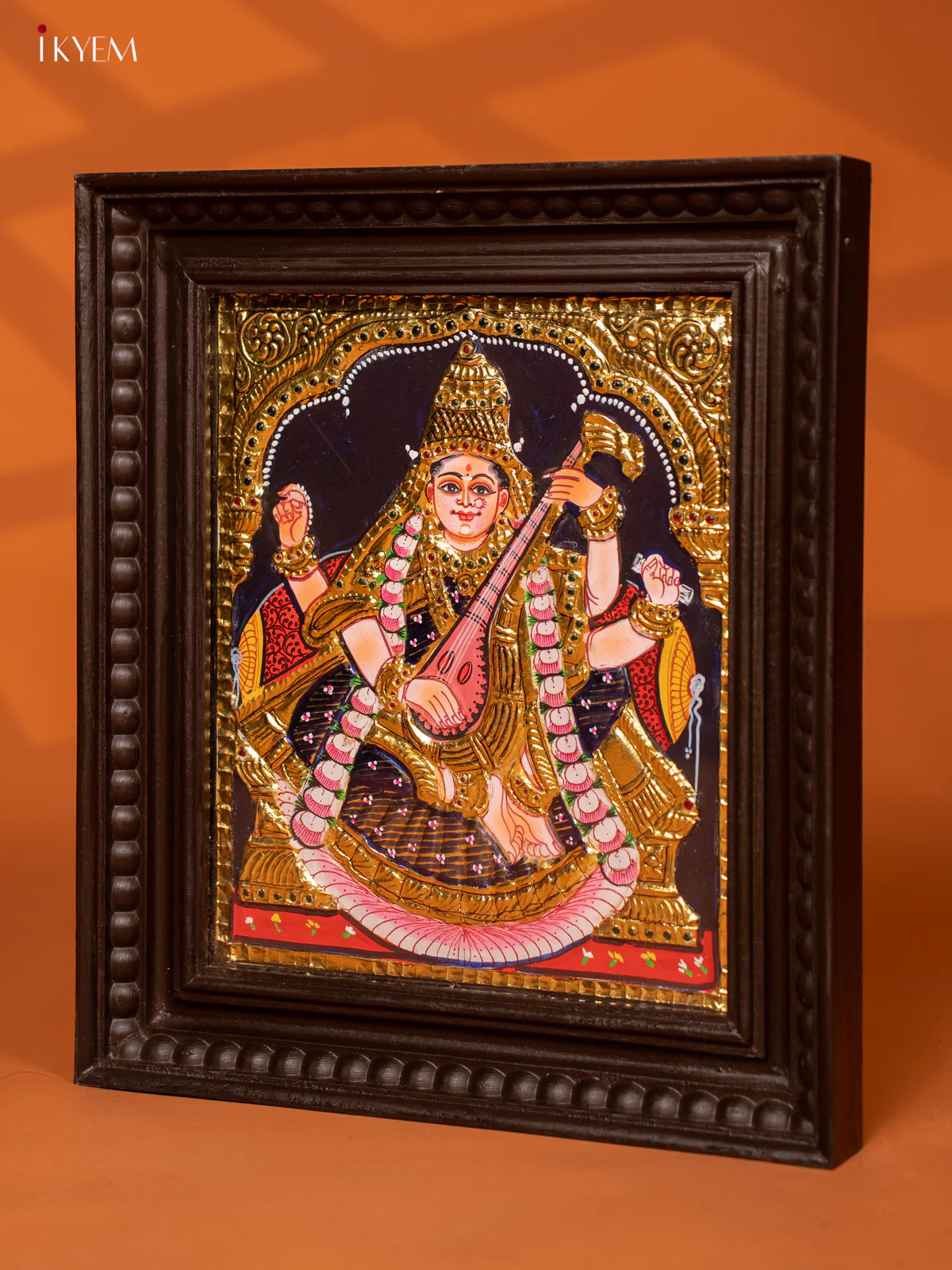 Tanjore Painting of Goddess Saraswathi in Teakwood Frame - KE27193 - Image 4
