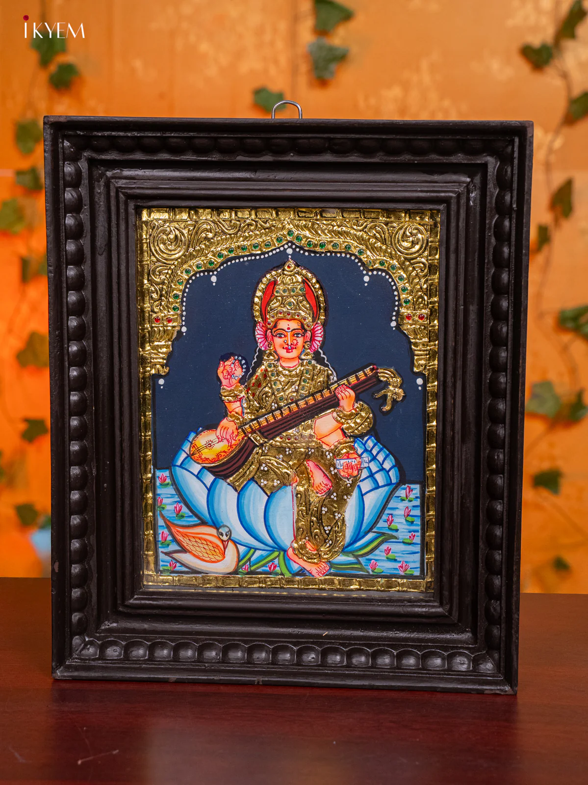 Divine Thanjavur painting Of Goddess Saraswathi In Teak Frame (13x11 Inch) - KH26159