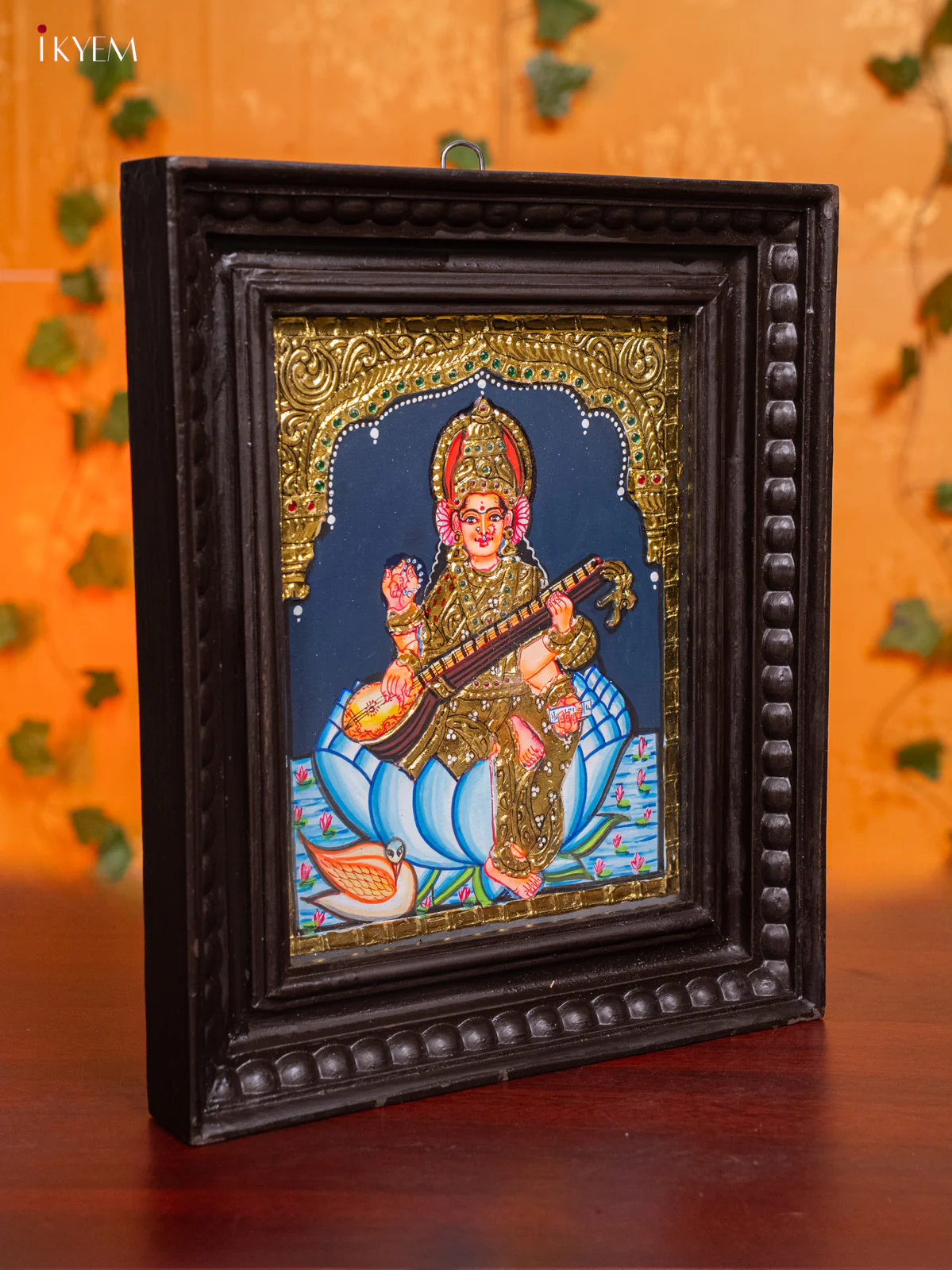 Divine Thanjavur painting Of Goddess Saraswathi In Teak Frame (13x11 Inch) - KH26159 - Image 2