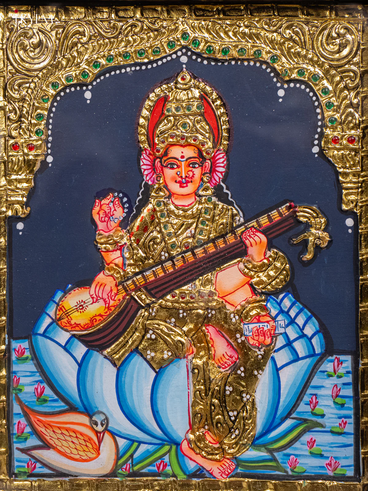 Divine Thanjavur painting Of Goddess Saraswathi In Teak Frame (13x11 Inch) - KH26159 - Image 3