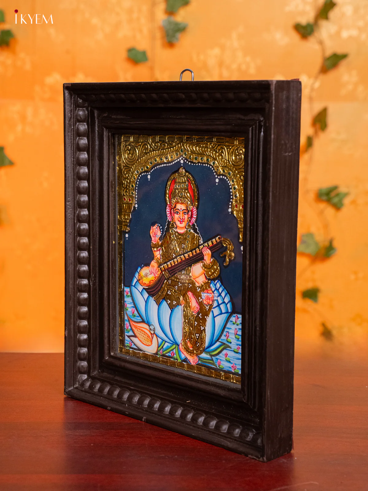 Divine Thanjavur painting Of Goddess Saraswathi In Teak Frame (13x11 Inch) - KH26159 - Image 4