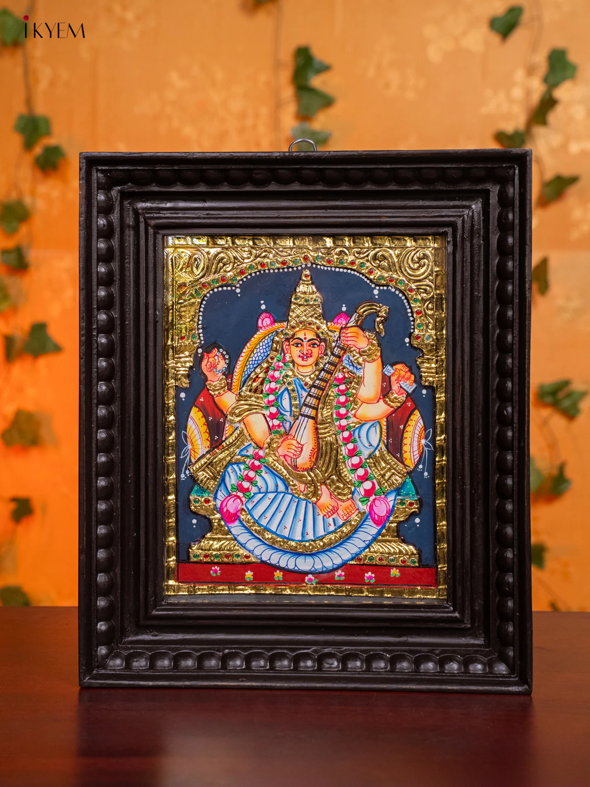 Elegant Goddess Saraswathi Tanjore Painting in Teak Wood Frame (13x11 Inch) - KH26157