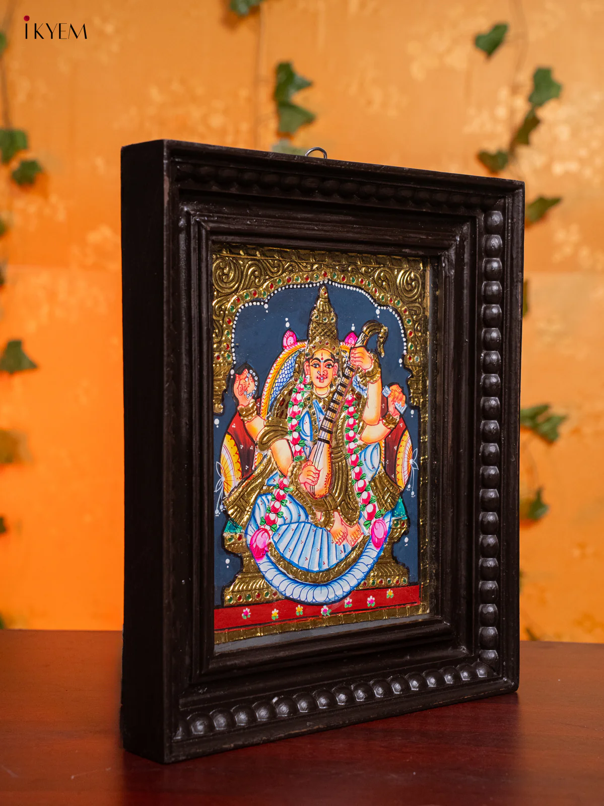 Elegant Goddess Saraswathi Tanjore Painting in Teak Wood Frame (13x11 Inch) - KH26157 - Image 2