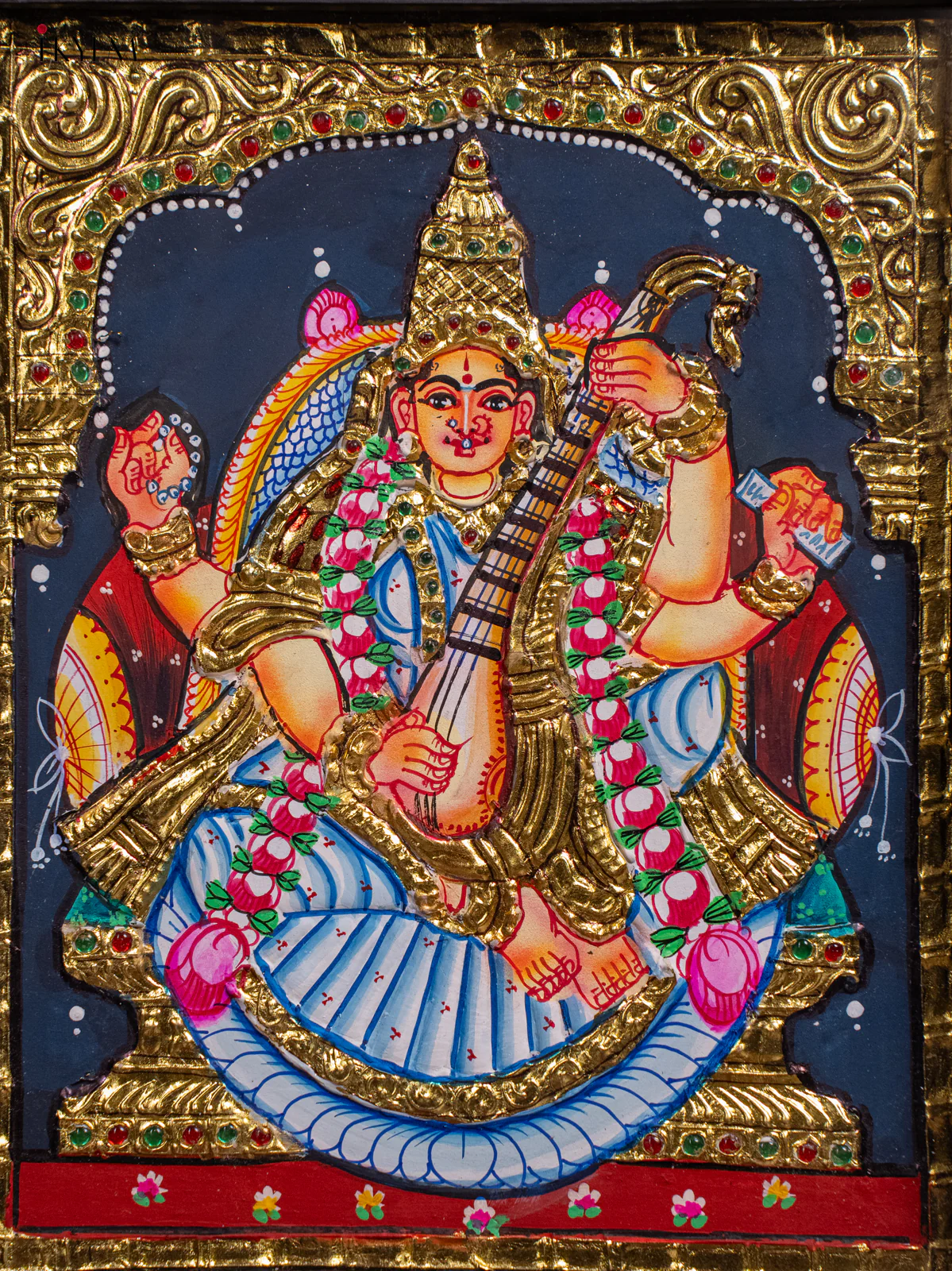 Elegant Goddess Saraswathi Tanjore Painting in Teak Wood Frame (13x11 Inch) - KH26157 - Image 3