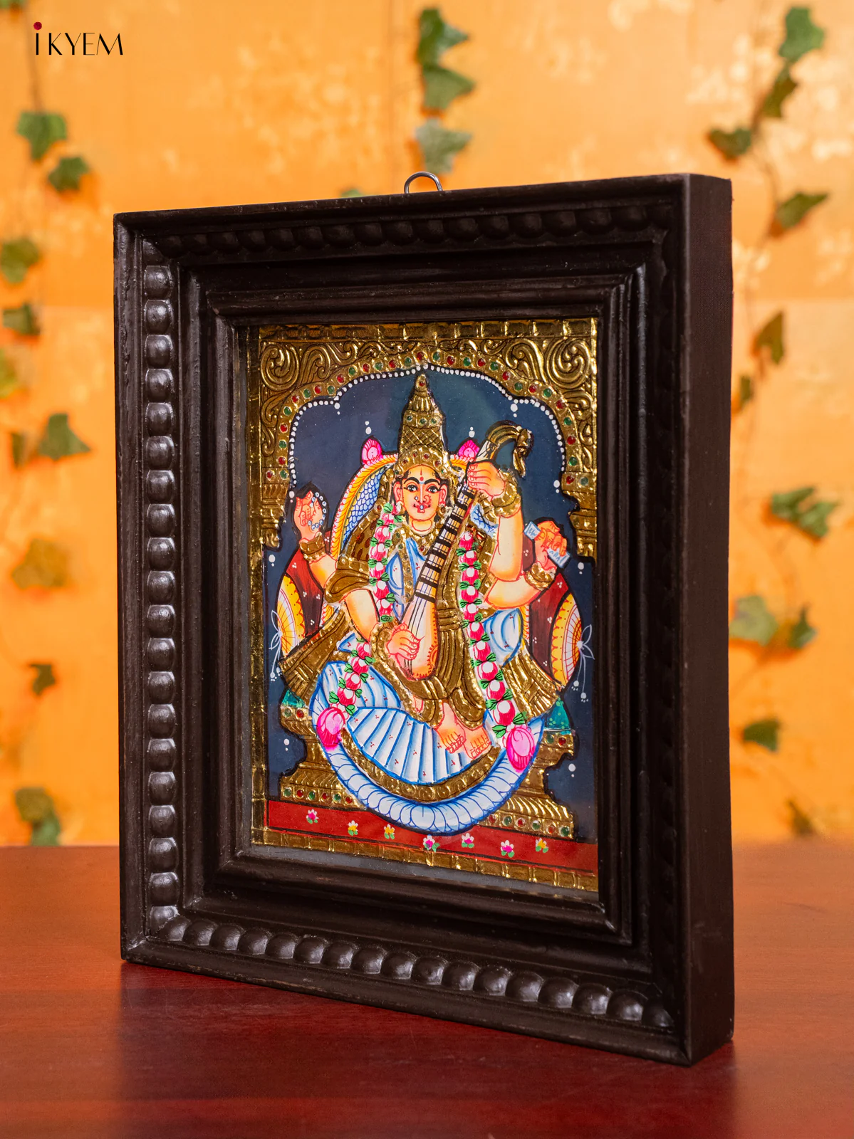 Elegant Goddess Saraswathi Tanjore Painting in Teak Wood Frame (13x11 Inch) - KH26157 - Image 4
