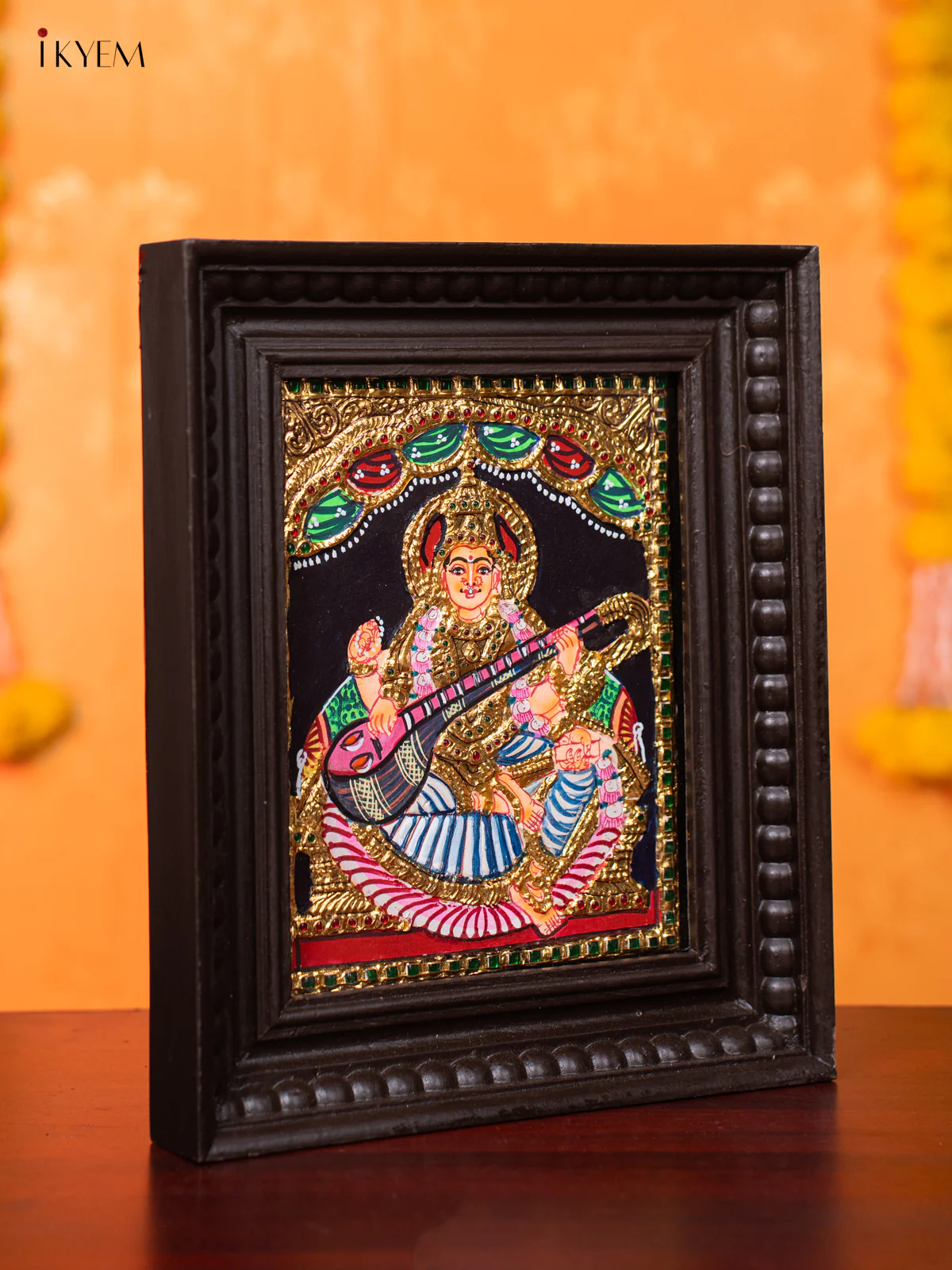 Stunning Thanjavur Painting Of Goddess Saraswathi With Veena (13*11 inches) - KJ03132 - Image 2