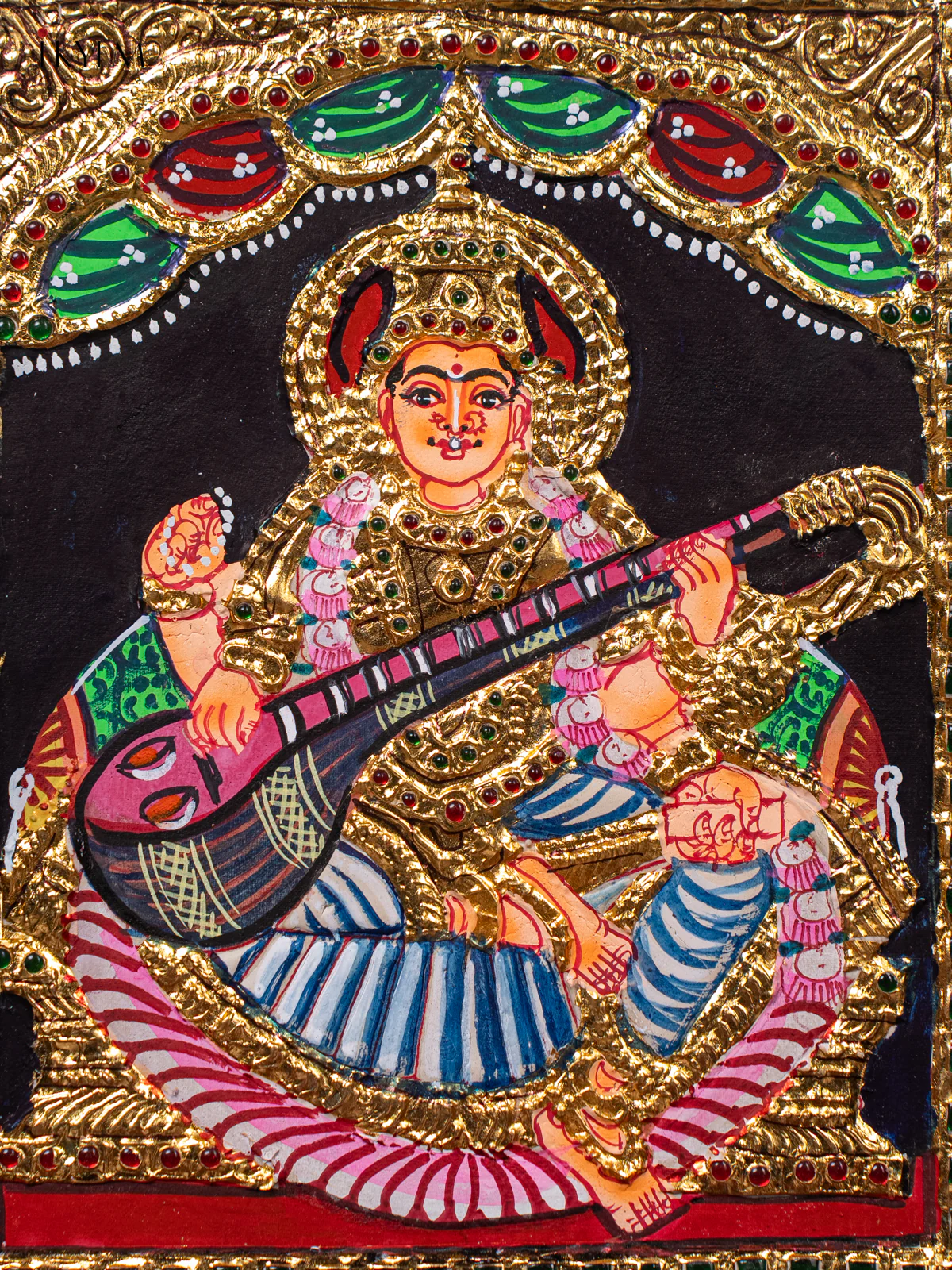 Stunning Thanjavur Painting Of Goddess Saraswathi With Veena (13*11 inches) - KJ03132 - Image 3